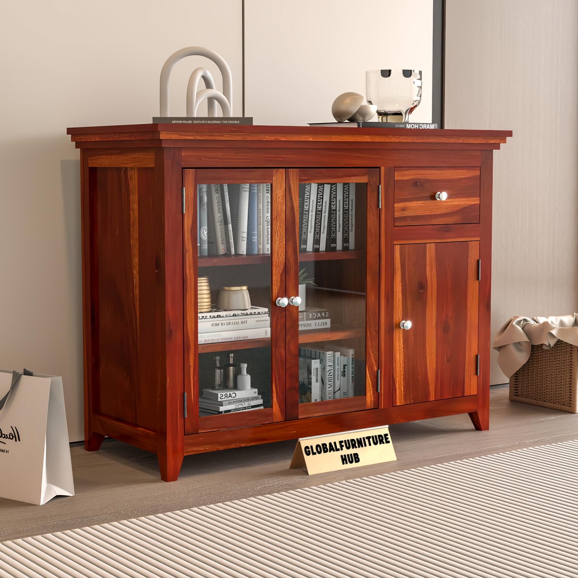 GFH Wood Kitchen Cabinet with Acrylic Glass Door, Storage Cabinet Racks, Home Kitchen Furniture, Crockery Rack, Display Unit, Wooden Chest of Drawers (Honey Finish)