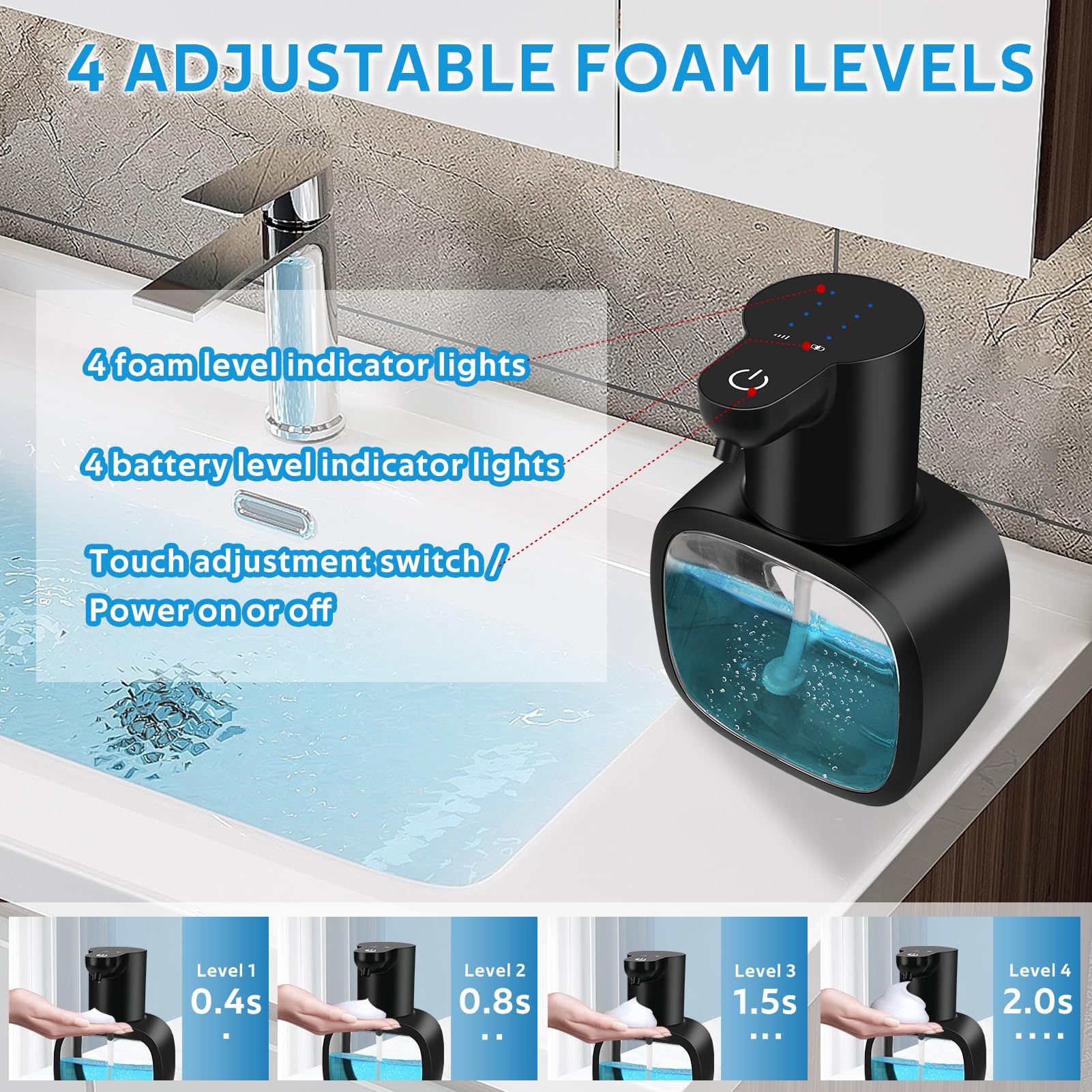 Dispenser Sapone Bagno Automatico, 500 ML Dispenser Sapone Cucina Elettrico Parete Schiuma, Erogatore di Sapone Elettrico con Sensore, 4 Livelli Regolabili Ricaricabile Via USB per Cucina Bagno