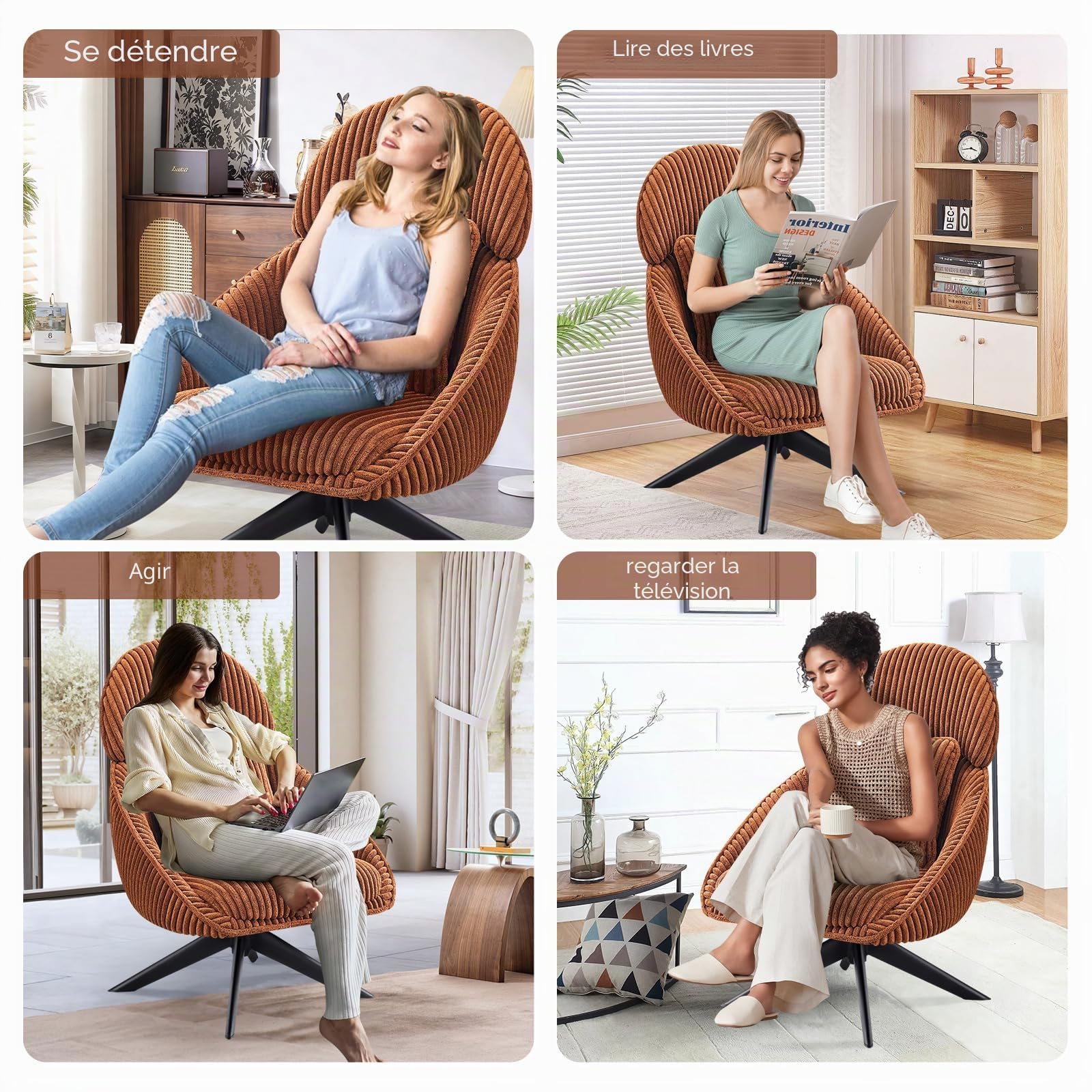 Fauteuil Salon Relax Pivotant à 360°, Fauteuil Rembourré Chambre à Coucher avec Coussin épais Amovible, Fauteuil de Bureau Fauteuil de Lecture pour Salon Chambre à Coucher Bureau, Orange
