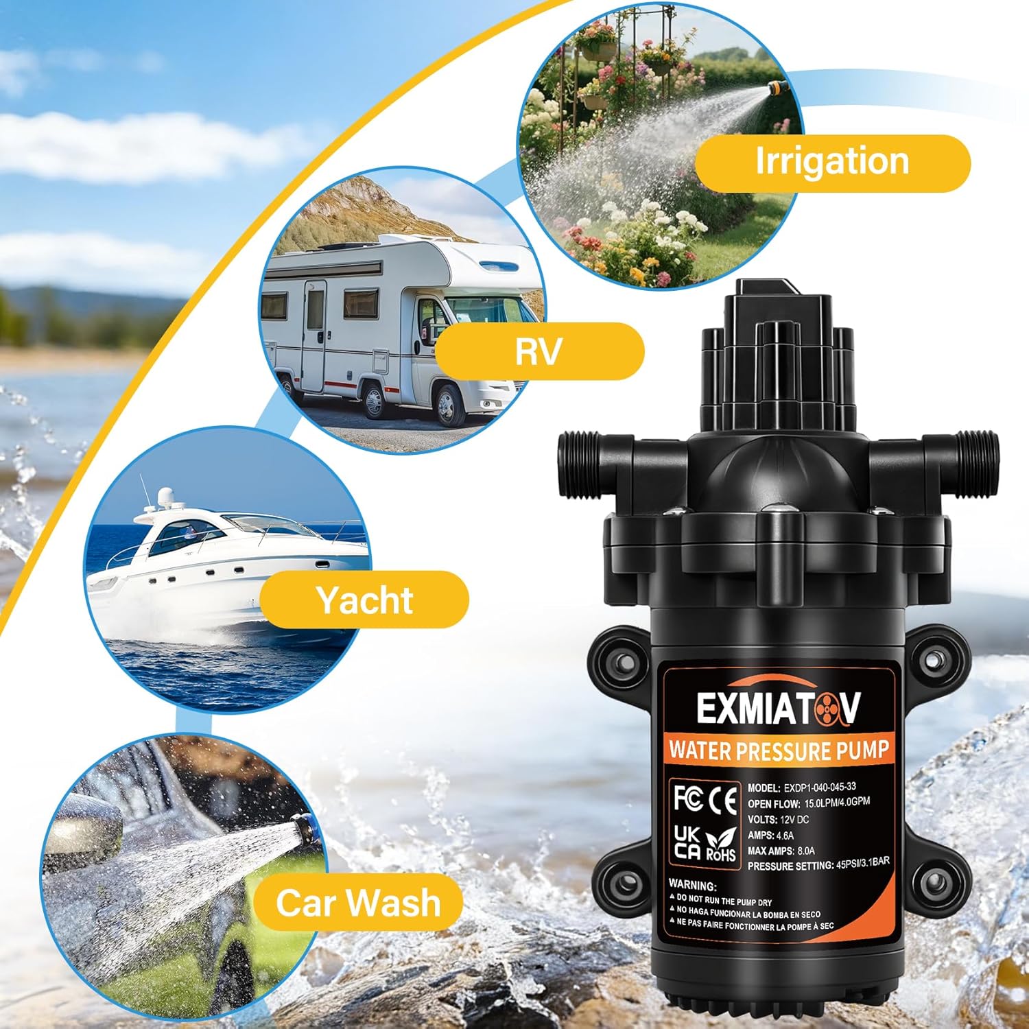 Upgraded 33 Series 12V DC Water Pressure Pump,4.0GPM 45PSI Self-Priming Diaphragm Water Pump On Demand with Pressure Switch and Strainer,Ideal for RV Marine Yacht Boat