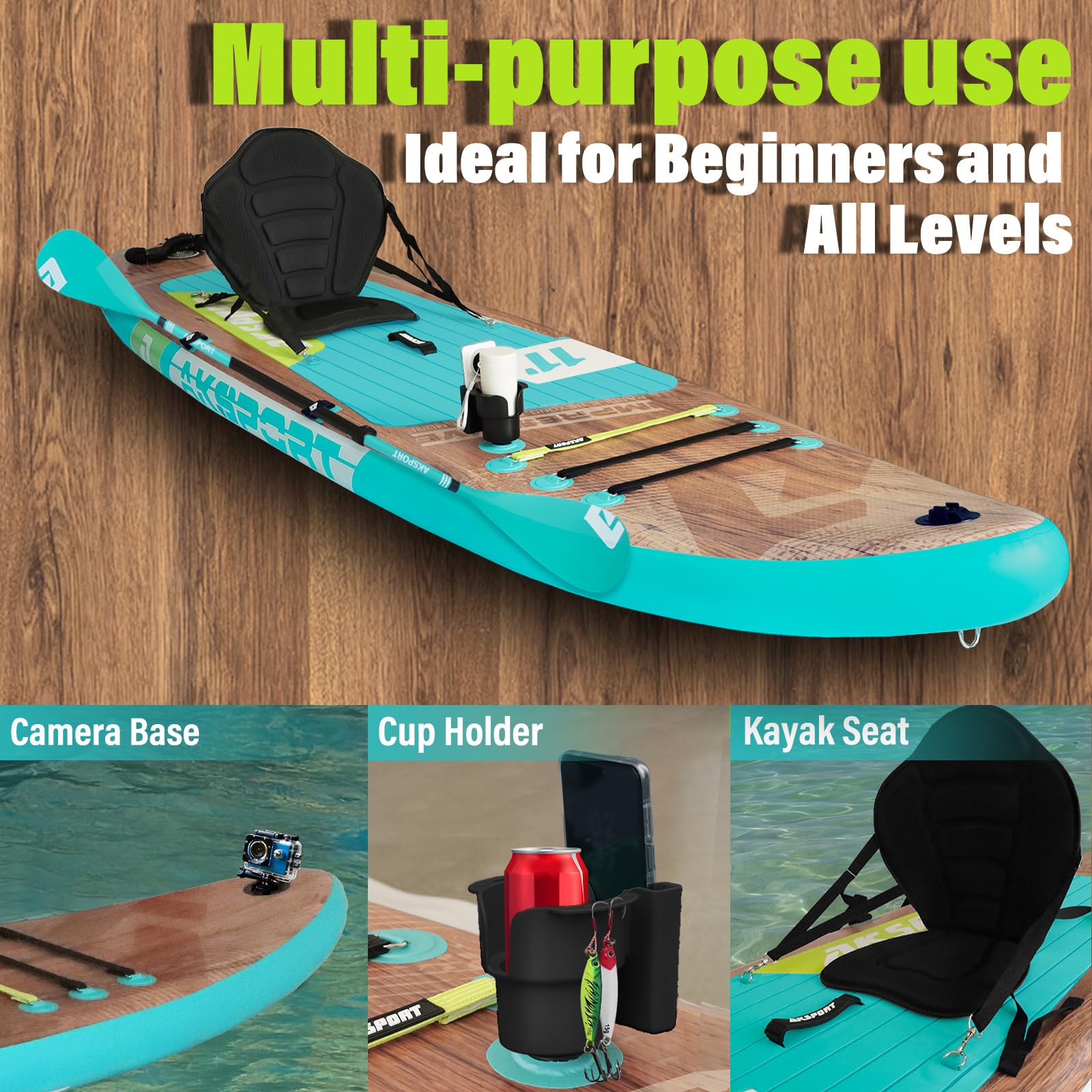 AKSPORT Tavola SUP Gonfiabile, SUP con Tutti gli Accessori, Design Ampio e Stabile, Ponte Antiscivolo, Paddle Board Gonfiabile per Giovani e Adulti