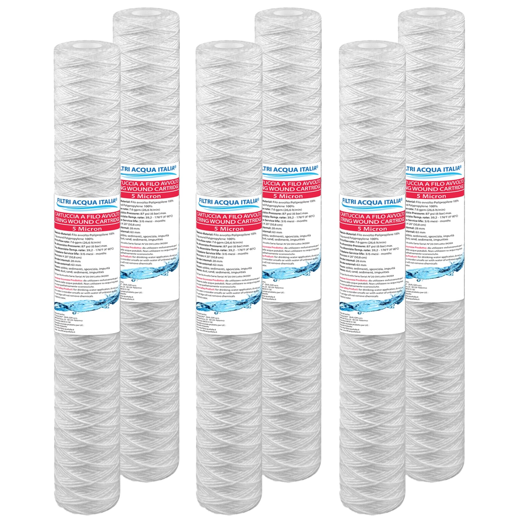 Filtri Acqua Italia Cartuccia Filo Avvolto 20 Pollici Micron 5 Set 6 Pezzi