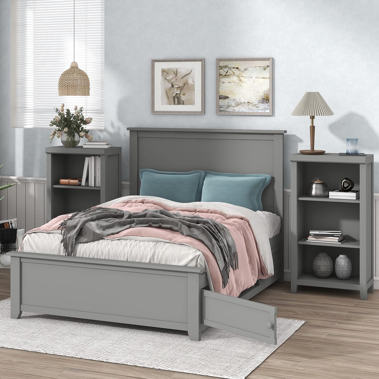 3 Pieces Bedroom Furniture Set,Full Size Bed with 2 Nightstands,Solid Wood Frame Bed Without Mattress Gray 47.05" x 16.34" x 7.68"