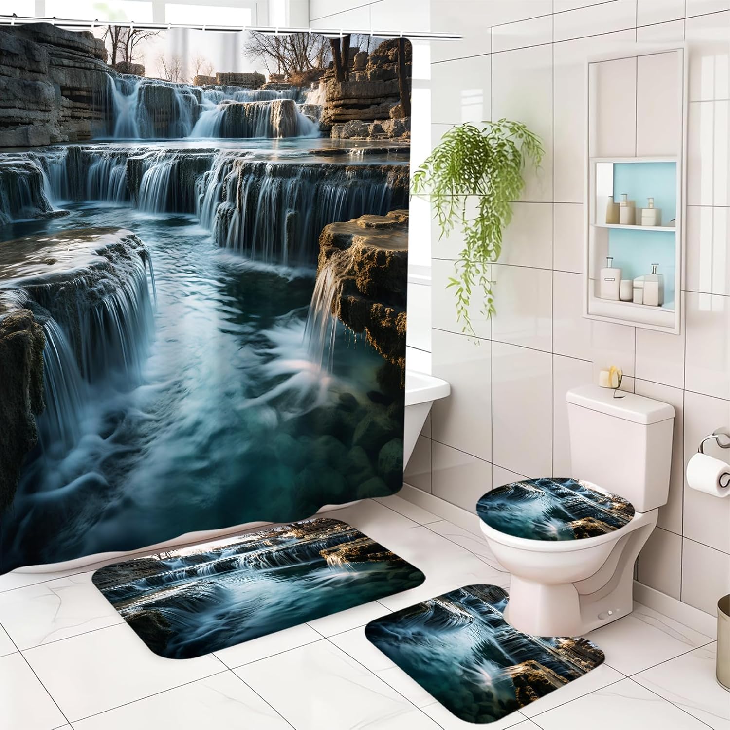 Beautiful Waterfall Landscape Bathroom Curtains Shower Set with Rug, Bath Mat, Toilet Lid Cover, 12 Hooks Clear River Water Bathroom Decor Rocks and Trees Shower Curtain Set 72"X72"