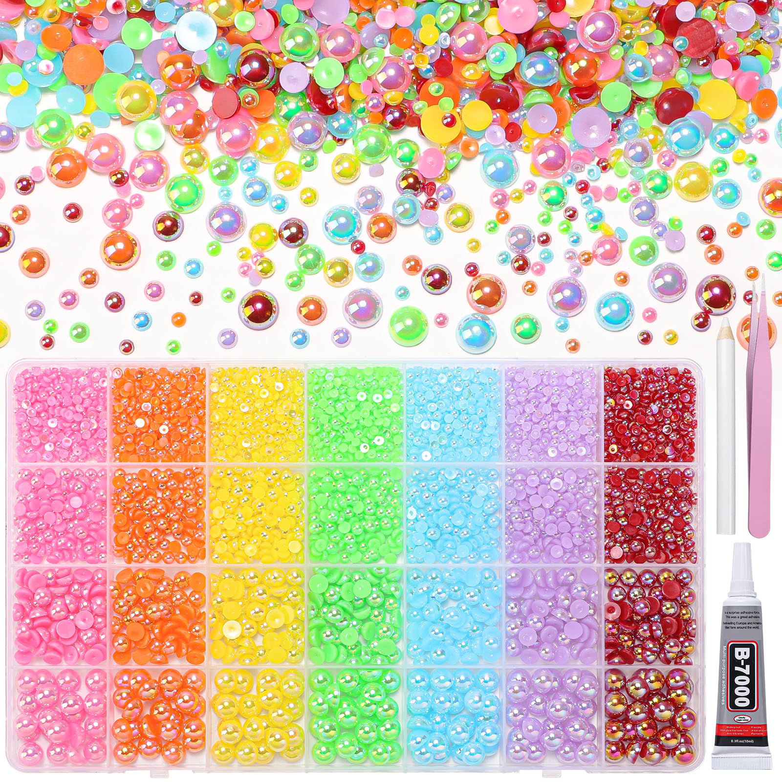 28 Grids Color Flatback Pearls for Crafting, Orange Yellow Nail Half Pearls