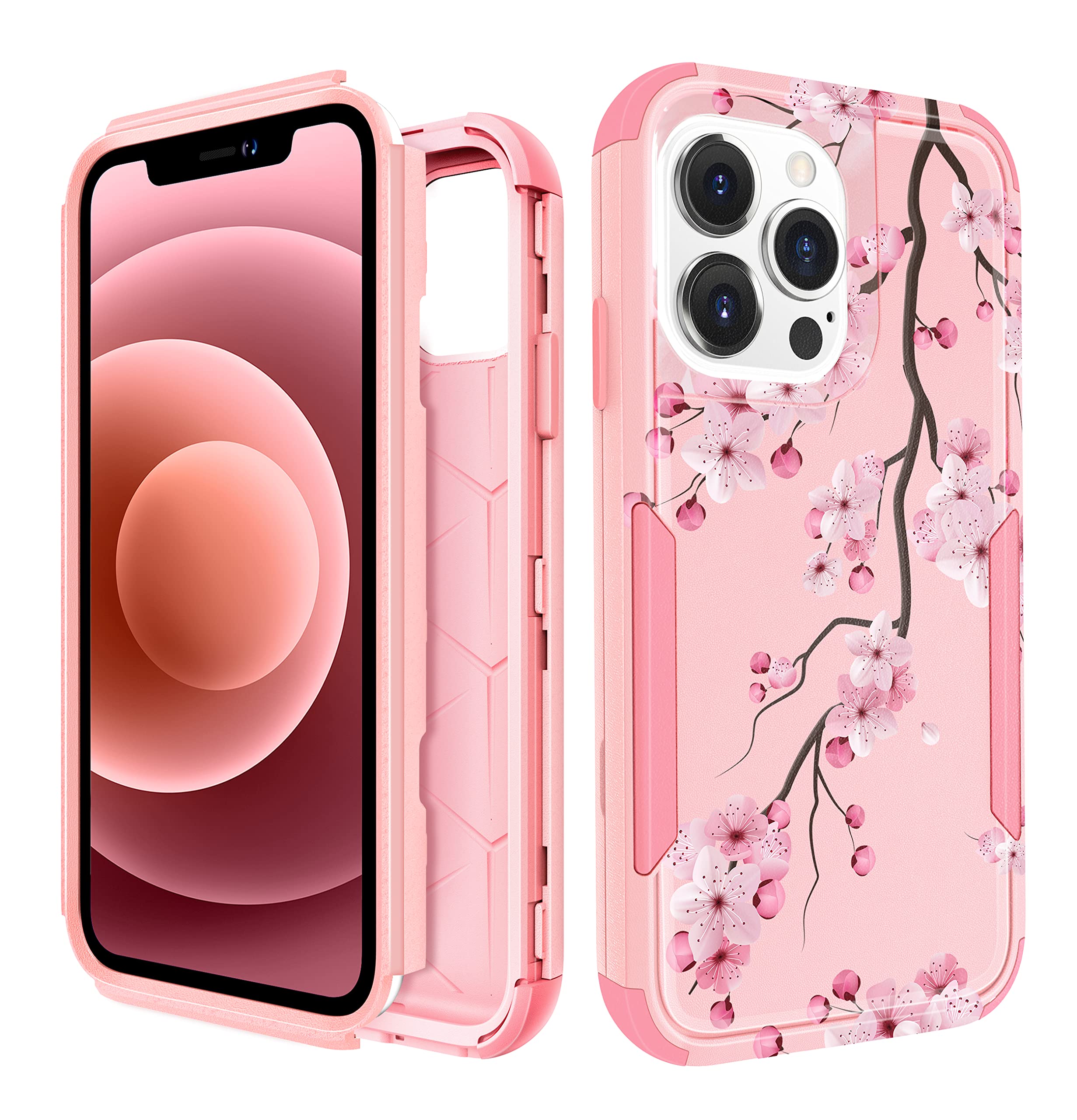 Plakill for iPhone 13 Pro Max Case - Women Cute Girls Phone Cover Girly Aesthetic Unique Design Kawaii Plum Flower Heavy Duty Protective Hard