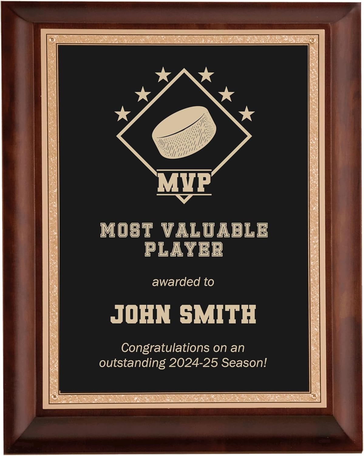 Custom Sports MVP Award Plaque for Hockey Player with Personalized Text Engraved 8x10 Cherry Wood and Brass Plate Plaque