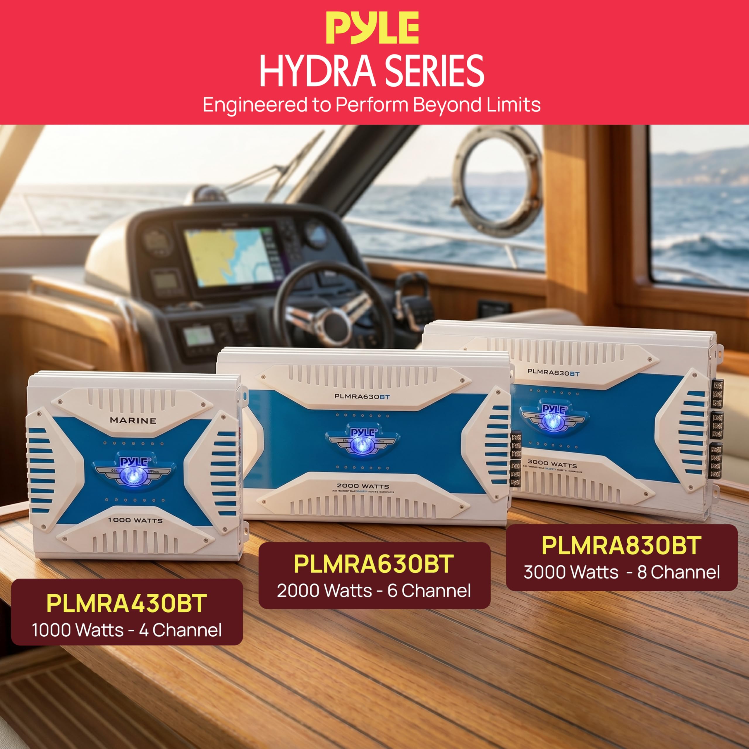 Pyle PLMRA430BT Barco Inalámbrico y alámbrico Negro, Azul - Amplificador de audio (1000 W, A/B, 0,04%, 95 dB, 0 - 18 dB, 250 mV)