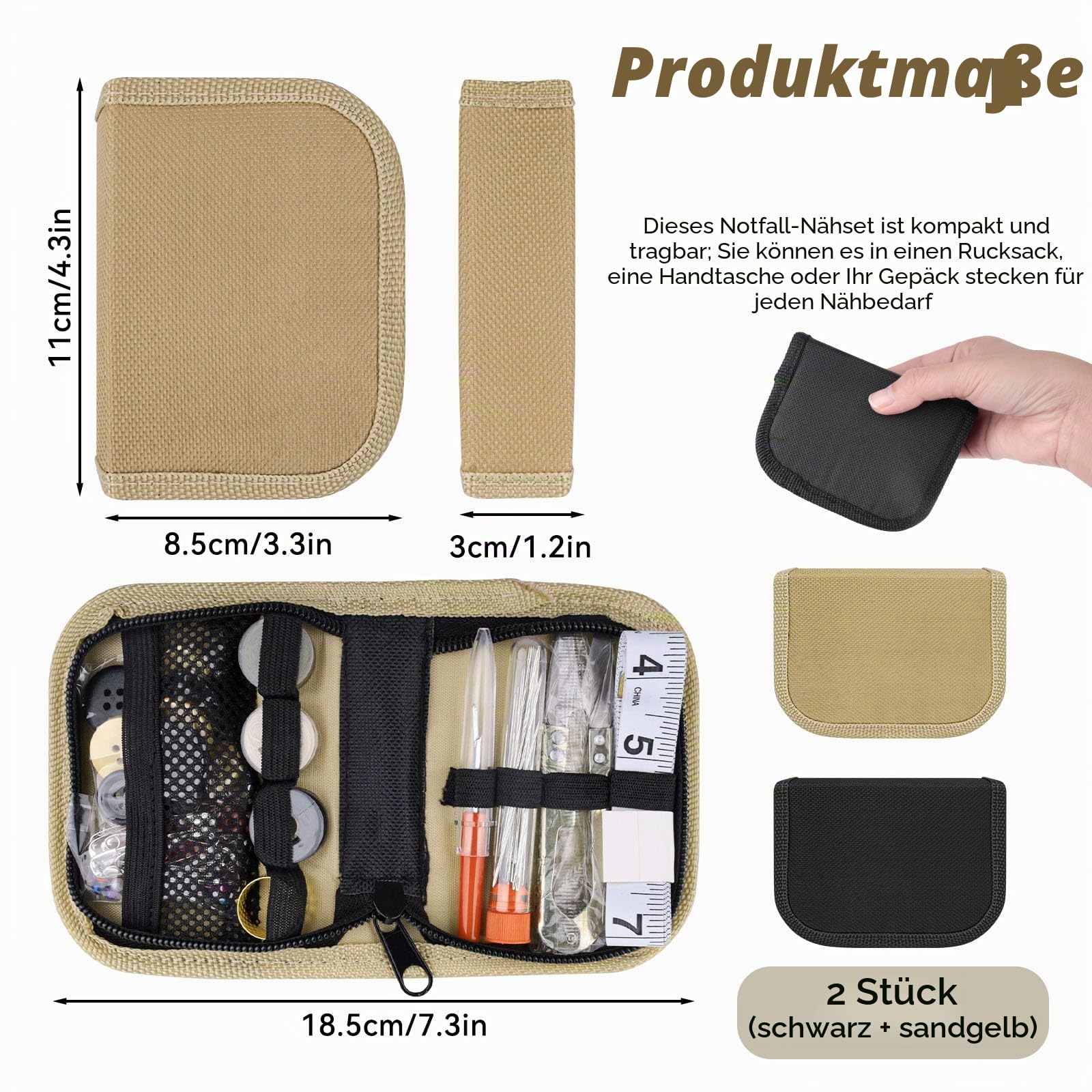 Mini-Nähset mit Knöpfen, kompaktes Knopf-Nähset für Reisen, Zuhause, Notfallreparaturen und Kleidung (schwarz + gelb), 2 Stück