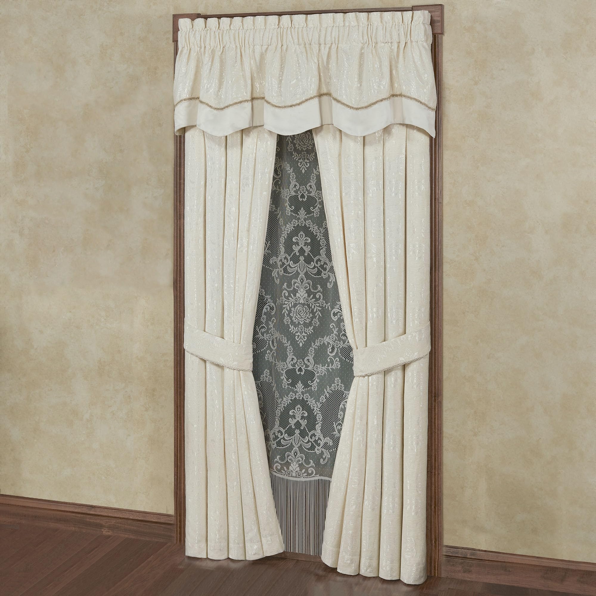 Touch of Class Camelot Luxury Window Treatment | Neutral Soothing Ivory | Matte Satin Damask on Richly Textured Jacquard-Woven Chenille Drapery Set Includes Scalloped Valance and 84L Curtain Pair
