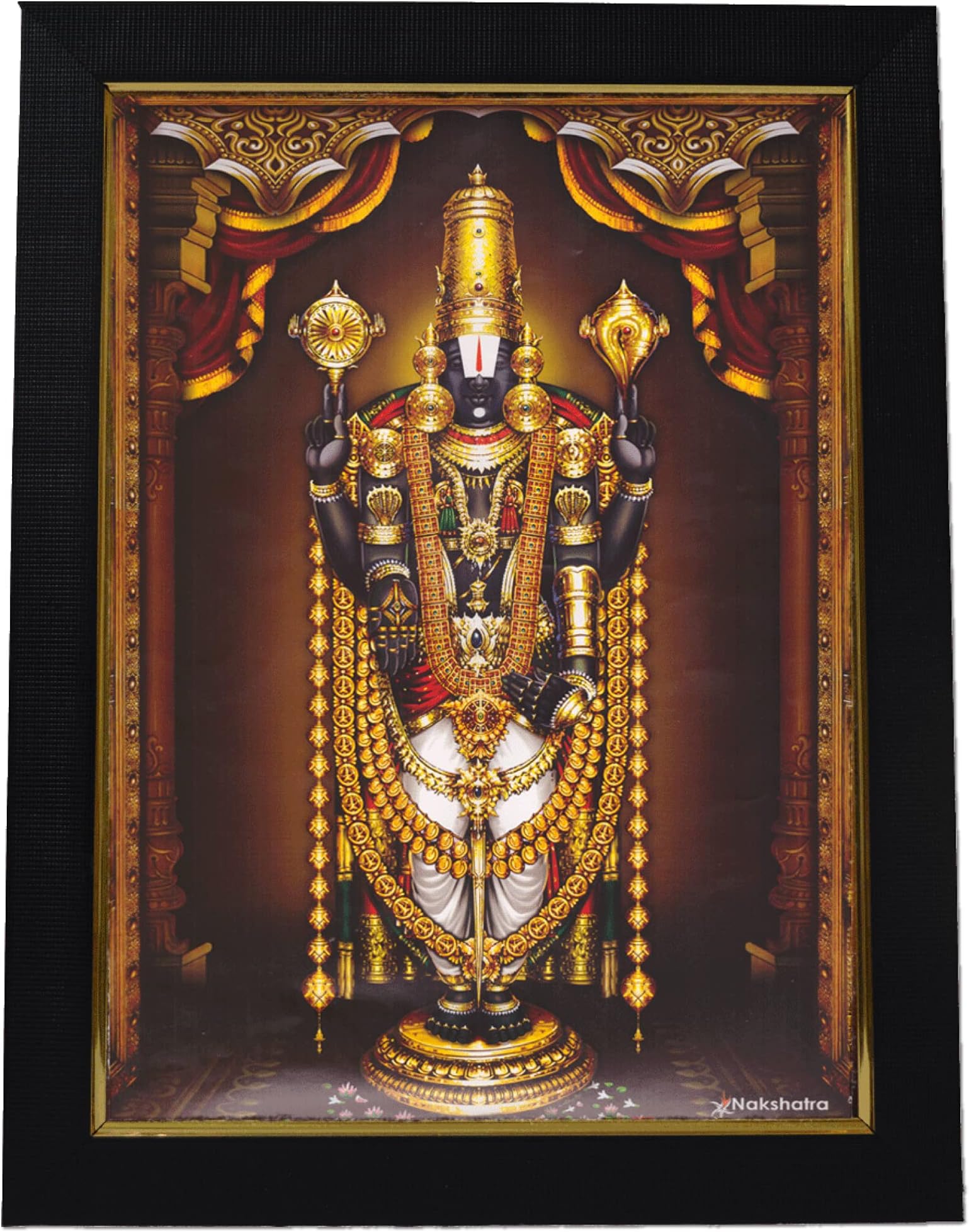 101 Temples - Divinity Eternity Spirituality Tirupati Balaji Nijapada Dharshanam in Gold Garland God Photo Frame for Pooja Room with Wall Hook, 1 Piece | 13 x 10”, Matt Finish, Wood