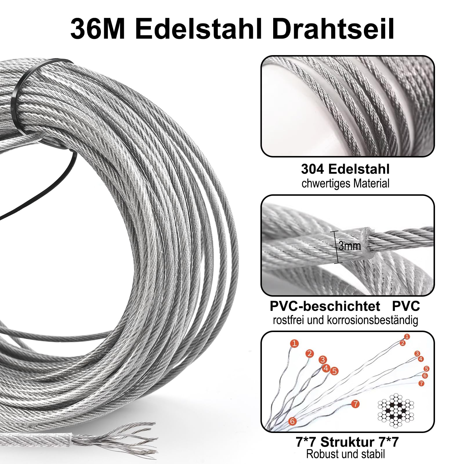 Philtool 73Pcs Drahtseil Kit, 36M Edelstahl Drahtseil 3mm, 304 Stahlseil Ummantelt mit Ösen Seilspanngarnitur für Kabeldraht, Spanndraht, Wäscheleinen, Gardinenseil, Zäunen, Außenbeleuchtung