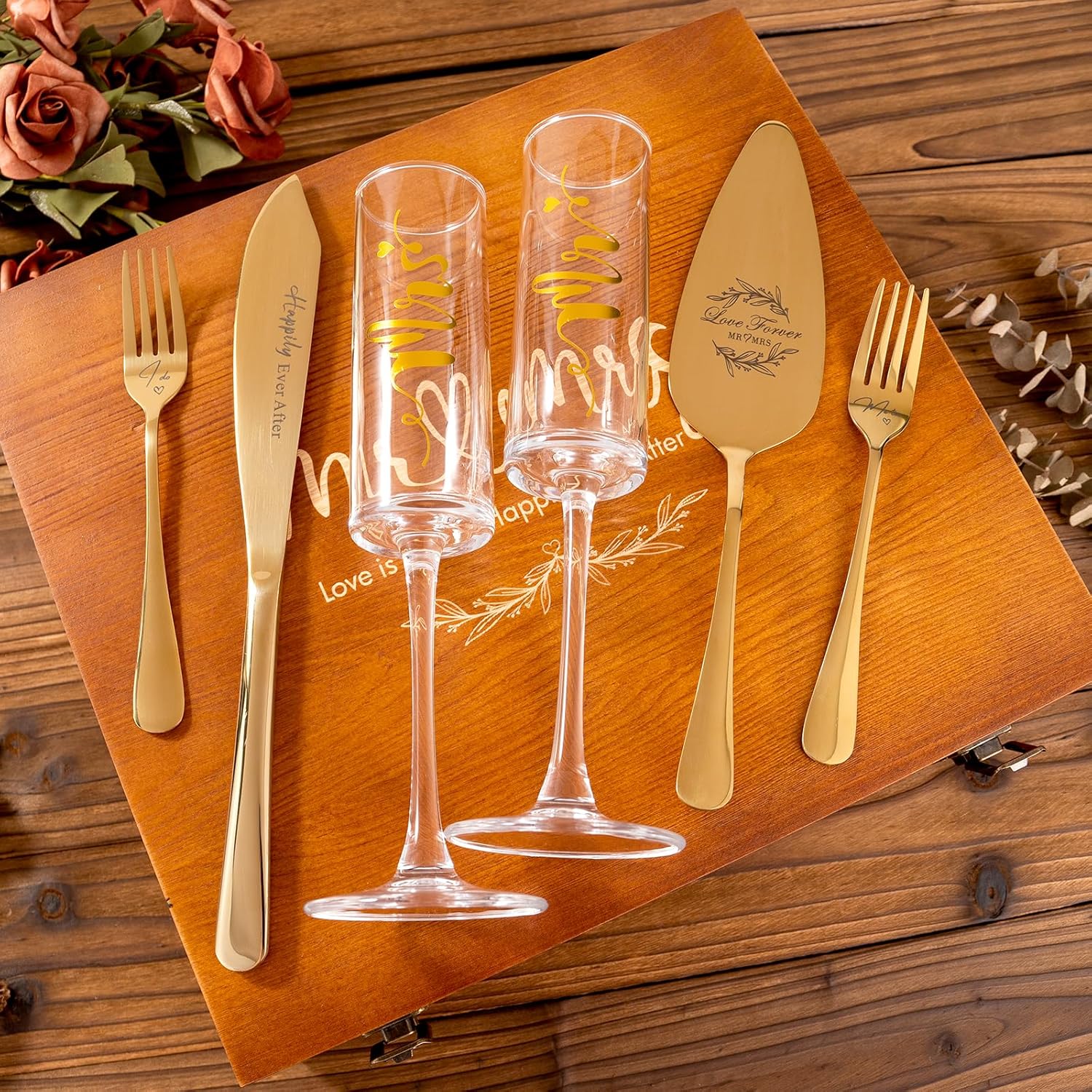 Wedding Cake Knife and Server Set, Mr and Mrs Champagne Flutes Glasses & Forks with Wooden Box, Gold Cake Cutting Set for Wedding Engagement Bridal Shower Gifts - Image 2