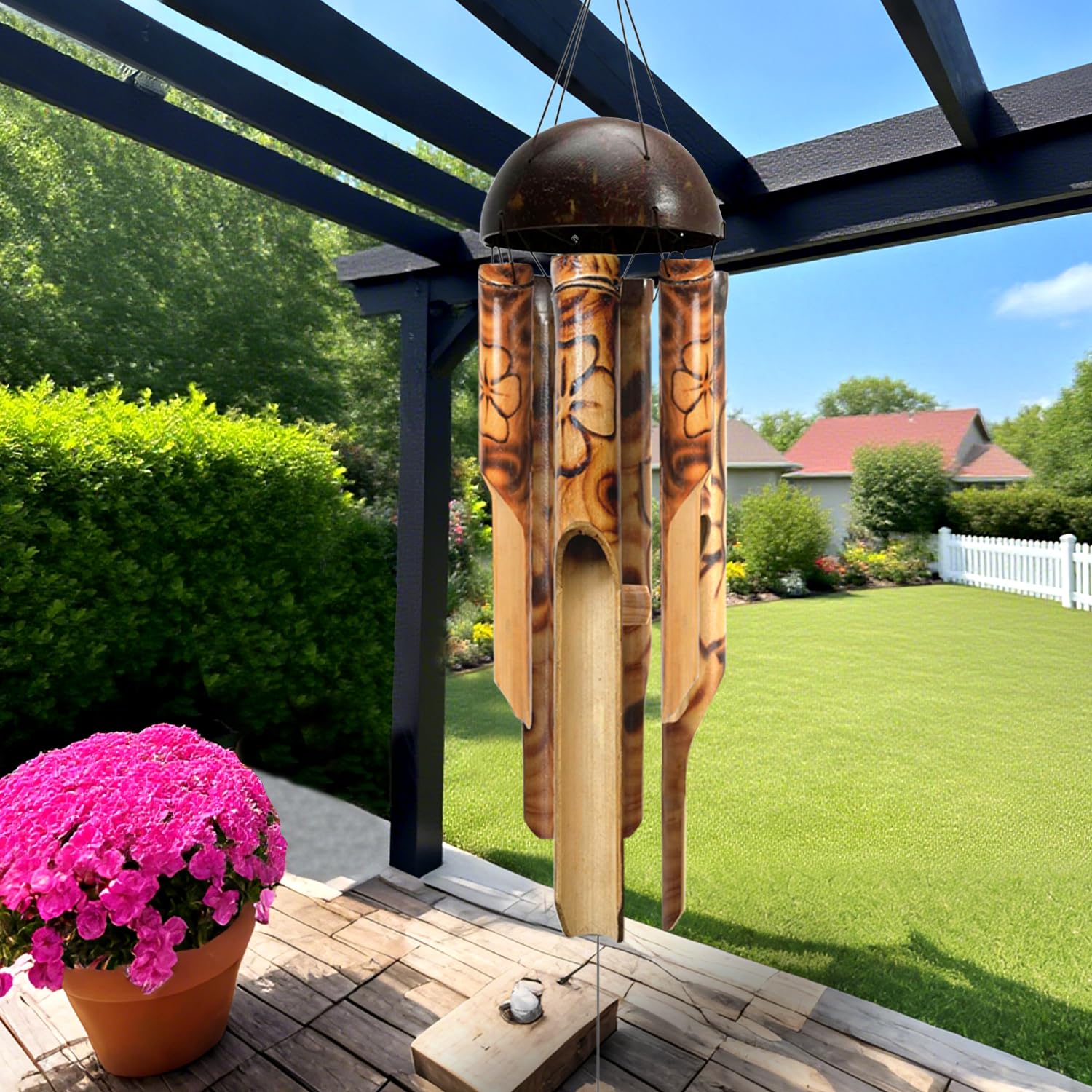 ASTARIN Bambus-Windspiel für draußen, handgefertigtes Windspiel aus Holz für draußen mit Kokoskrone, florales gebranntes Design, Bambus-Windspiele für Garten, Hof, Zuhause (111,8 cm)