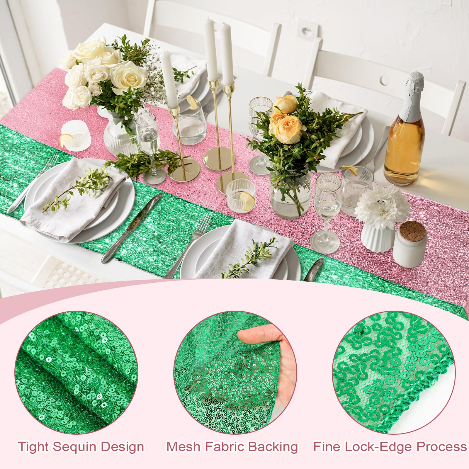 Camino de mesa de lentejuelas de 12 x 108 pulgadas, color rosa y verde, camino de mesa de comedor con purpurina para fiesta de cumpleaños, fiesta temática de princesa, suministros de boda