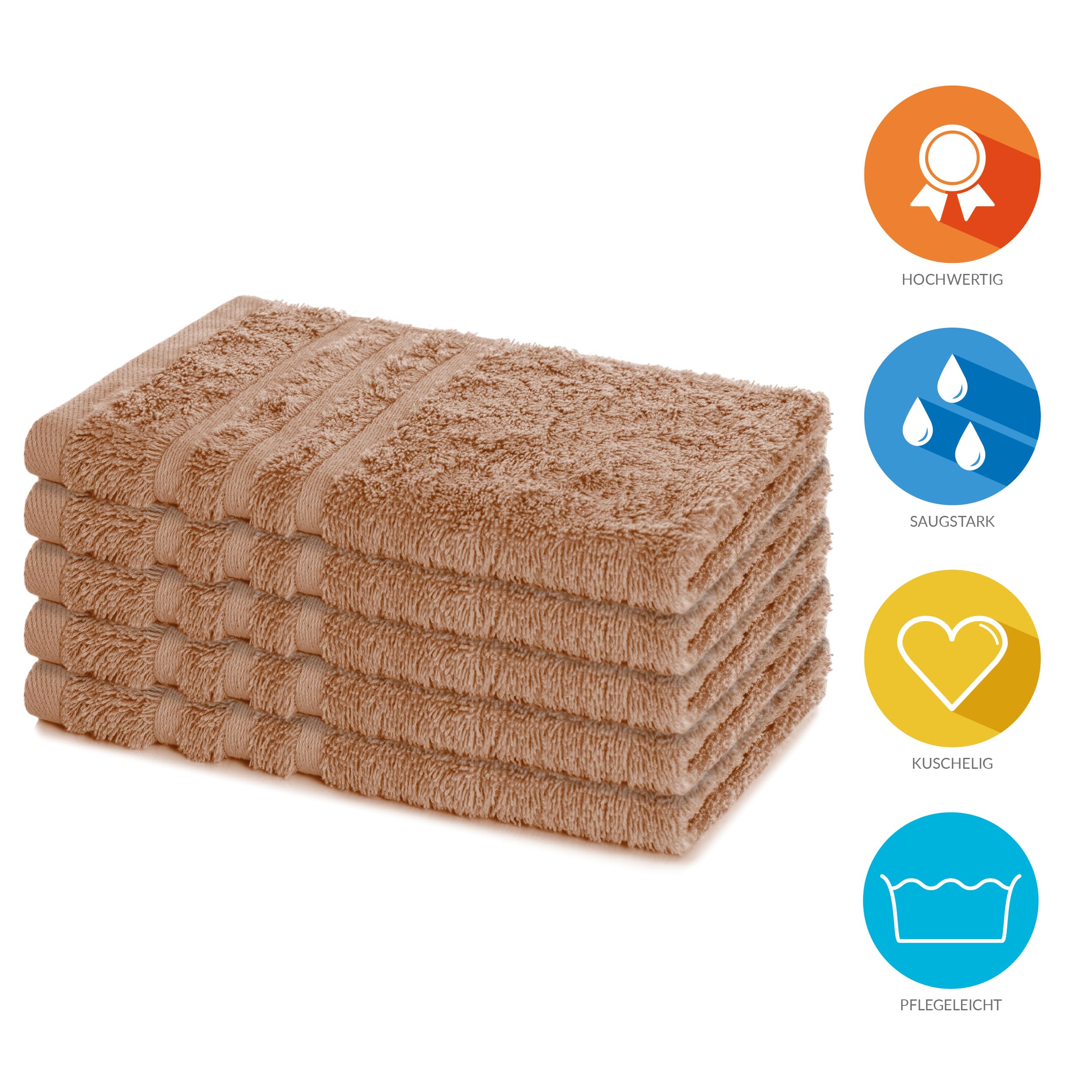 Lavea Set of 5 guest towels, 30 x 50 cm, terry towelling series, cappuccino, Brown, 5 x 30 x 50 cm - Image 2