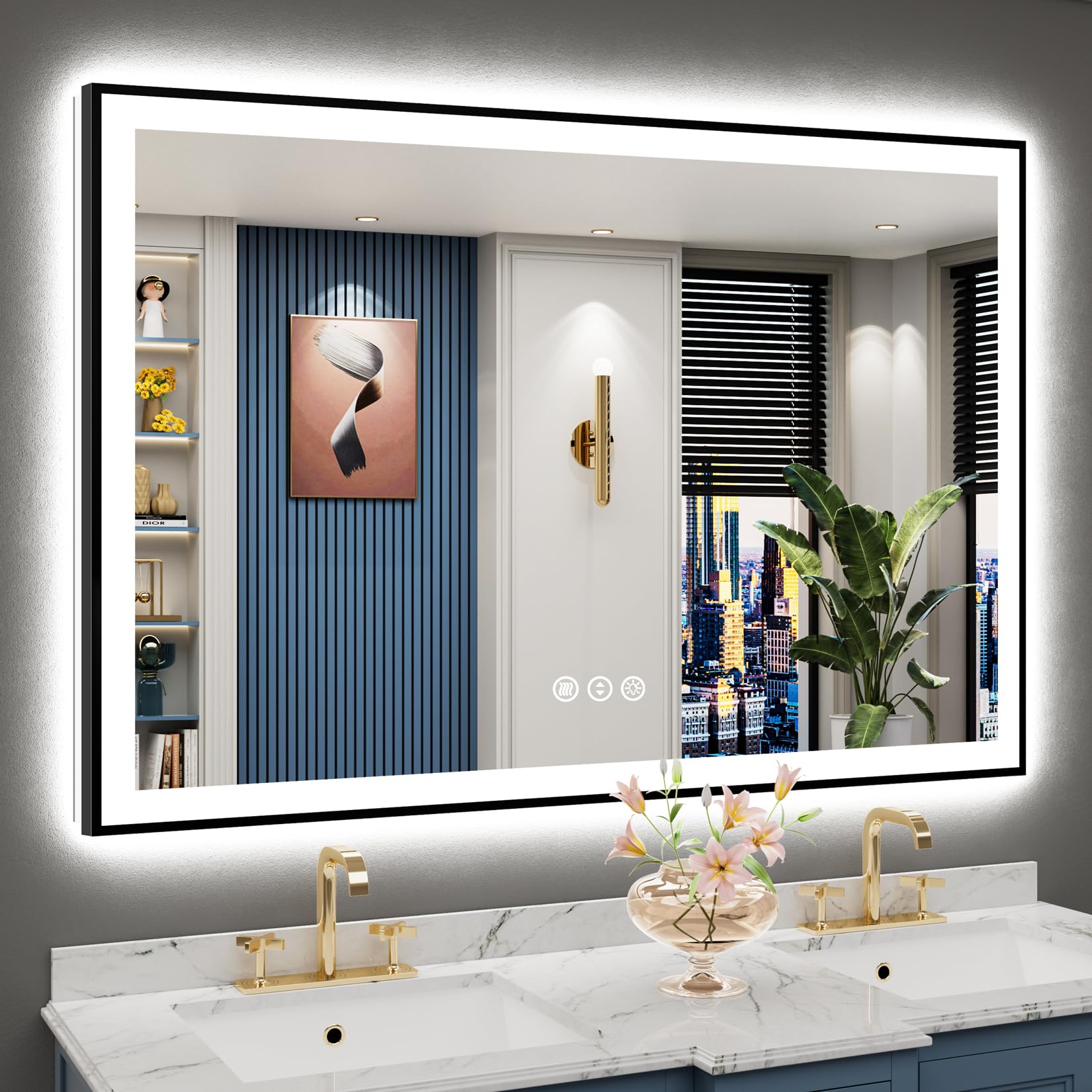 55x36 Black Framed LED Bathroom Mirror Backlit &amp; Front Lit Anti-Fog | Lighted Vanity Mirror, Dimmable 3-Color Light, Memory, CRI95, Tempered Glass, IP54 Waterproof, UL Listed, Horizontal/Vertical