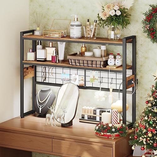 Miniatura 4 de HOOBRO Estantería de escritorio, organizador de escritorio de 2 niveles, estante de almacenamiento de oficina de madera de 29.9 pulgadas con tomas,