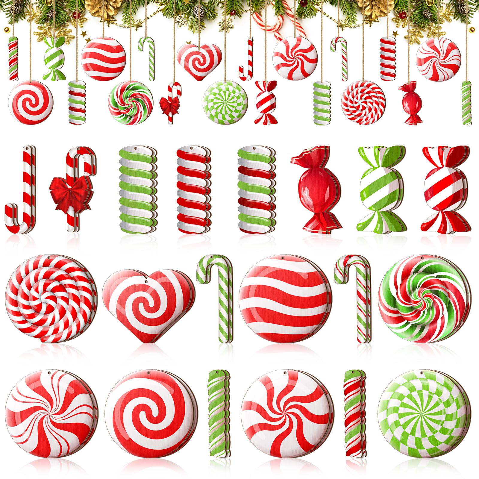 Photo 1 of 40 Colorful Wood Peppermint Ornaments for Christmas Tree - With Ropes for Hanging Candy Decorations and Party Xmas Tree (Cute) 40 Cute