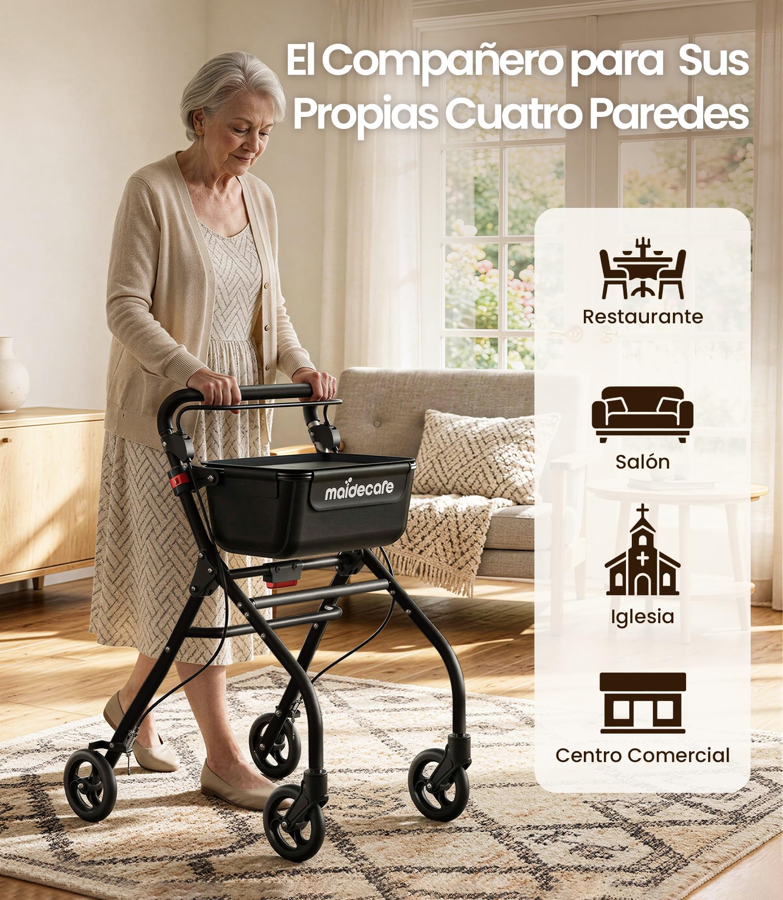 Andador para Ancianos, Andador Plegable con Asiento para Personas Mayores, Estrecho para Apartamento, Modelo de Interior Plegable y Ligero con Bandeja y Bolsa de Tela, 4 ruedas, Aluminio, Negro