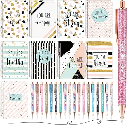 18 juegos de blocs de notas inspiradores, mini cuadernos motivacionales a granel con bolígrafos de metal con purpurina, regalo para niños, diario