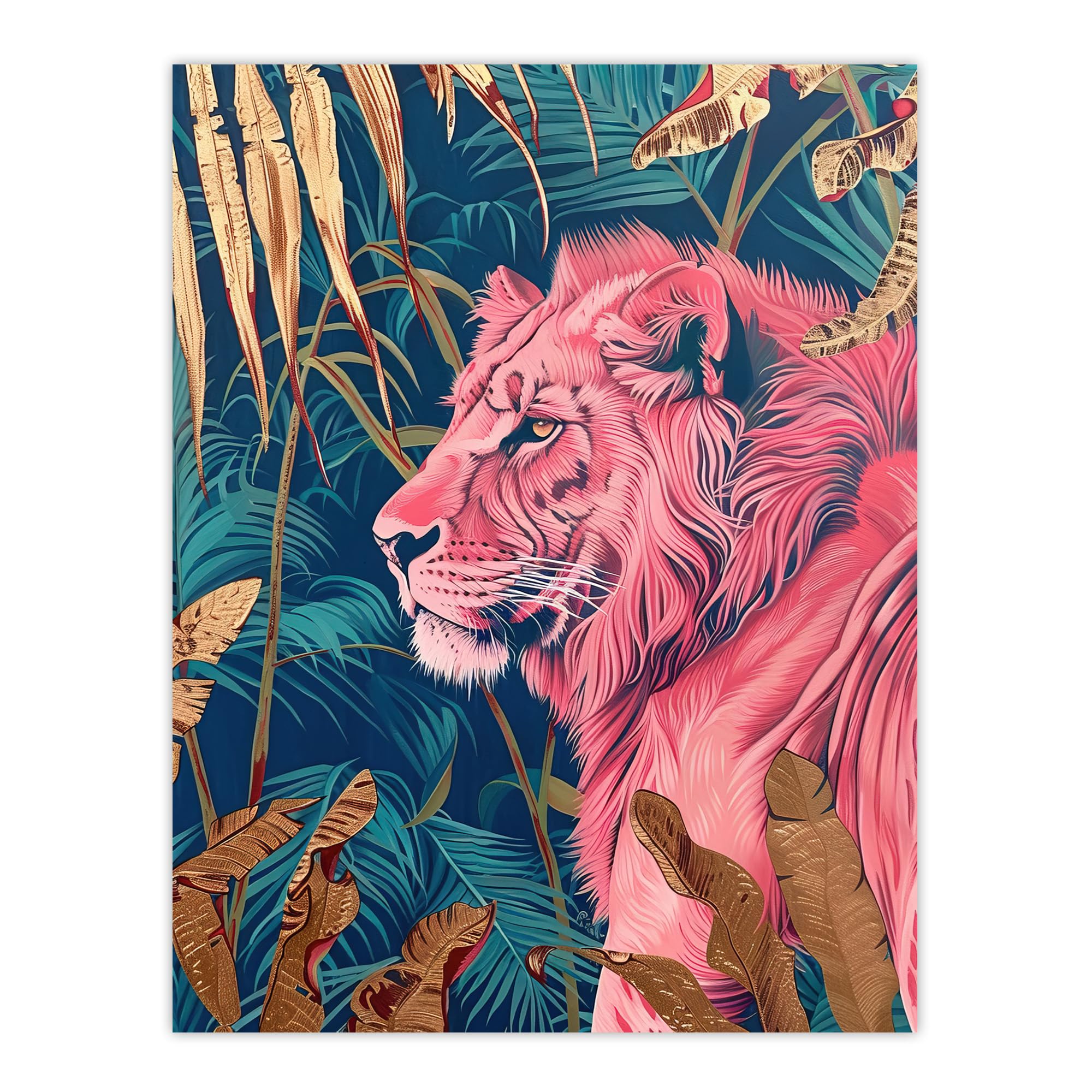 Artery8 Regal Pink Lion in Teal Blue Gold Tropical Jungle Living Room Extra Large XL Wall Art Poster Print