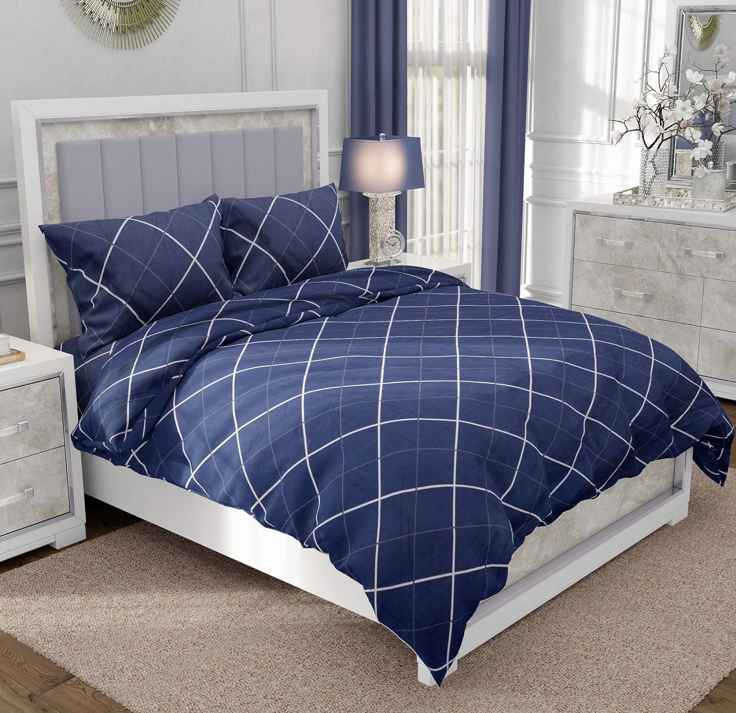 Super Soft Microfiber Cotton Double Duvet Cover/Comforter Cover/Rajai Cover/Blanket Cover/Quilt Cover King Size 90X100(Inches) with Zipper,Four Corner Ties,144Tc (Blue Checks)-image-12