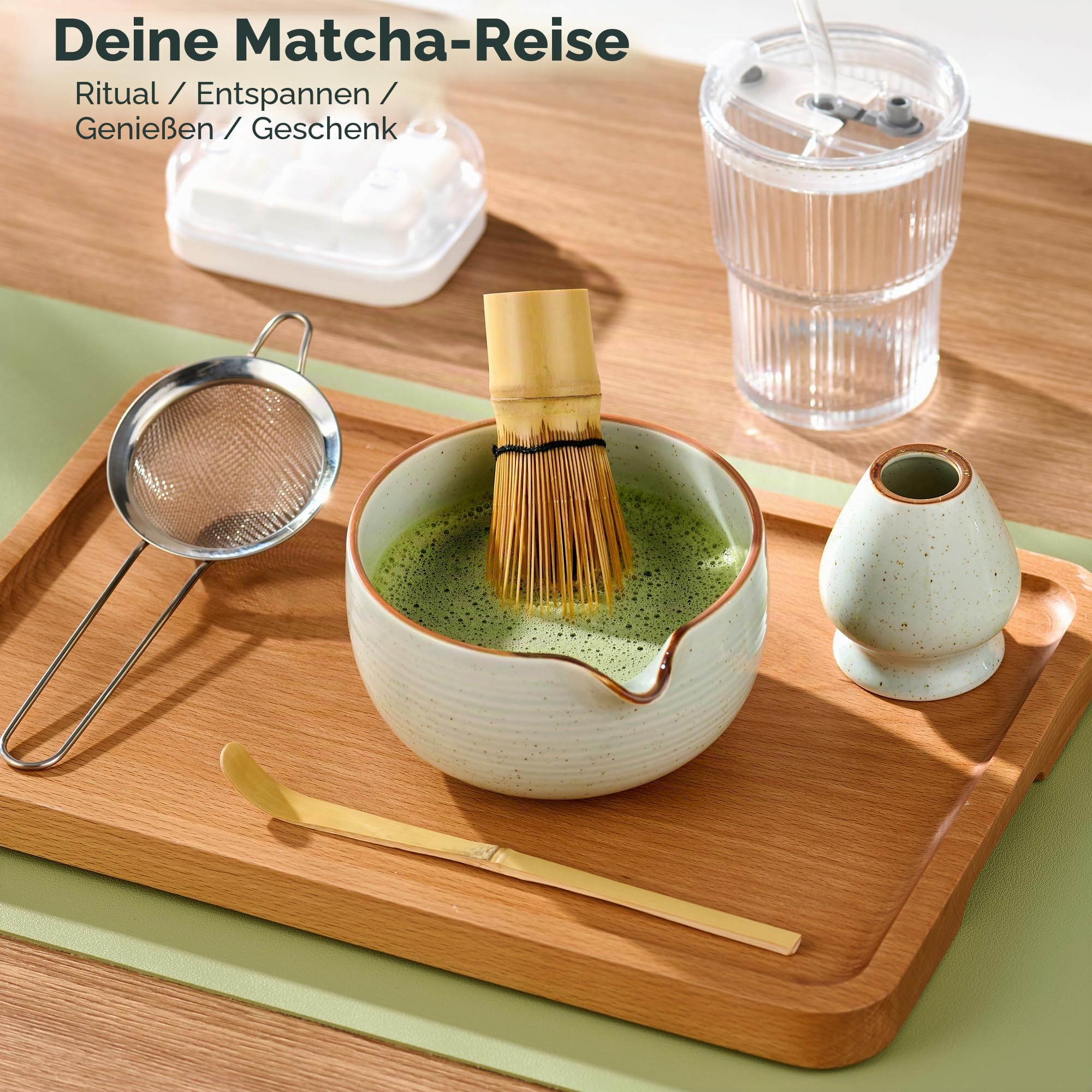 ComboJoy Matcha-Besen-Set, komplettes Matcha-Set mit Schale, Bambusbesen und Halter, Löffel, Sieb, Glas mit Deckel und Strohhalm, Eiswürfelform – Geschenkset für Matcha-Liebhaber