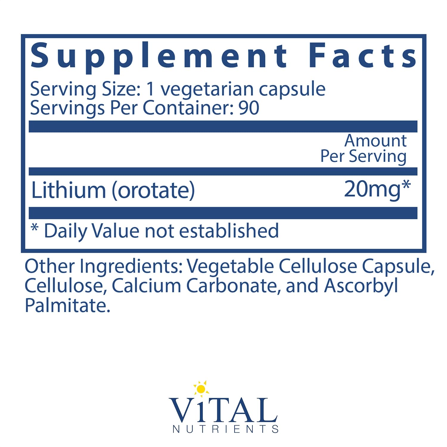 Vital Nutrients Lithium Orotate | Vegan Supplement to Support Memory and Behavior Health* | 20mg | Gluten, Dairy and Soy Free | 90 Capsules