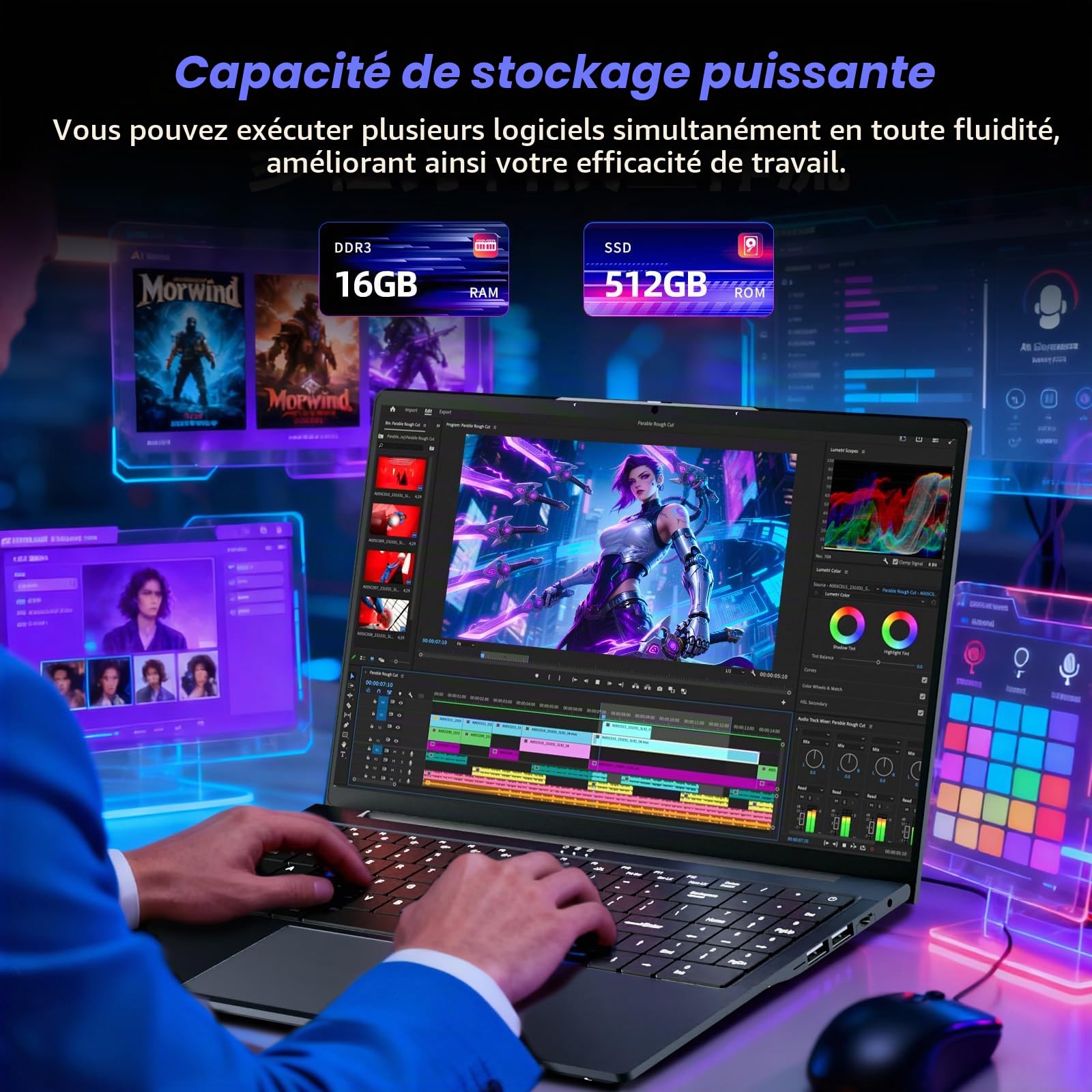 16 Pouces Ordinateur Portable avec Core i5 8210Y Processeur, Win 11 PC Portable 16Go RAM 512Go SSD, Laptop écran 1920 x 1200 IPS, RJ45, USB 3.0, HDMI, BT 5.0, WiFi 5 Pavé Numérique Rétroéclairé