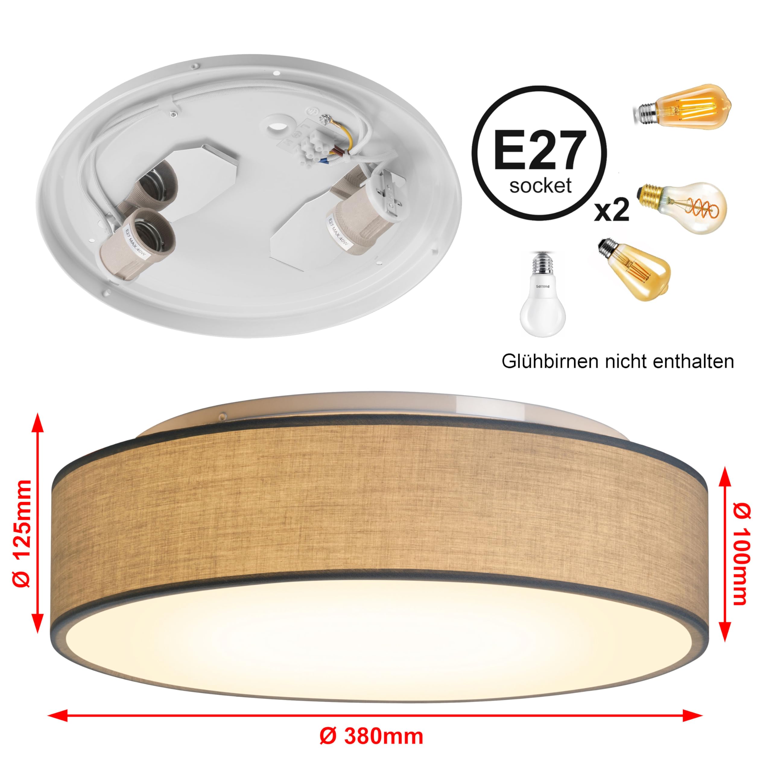 Zedelmaier Deckenlampe Stoff Rund 38cm E27x2 max.40W Deckenleuchte Taupe Stoffschirm Wohnzimmer Schlafzimmer Küche Flur Kinderzimmer Lampe Decke Lampenschirm