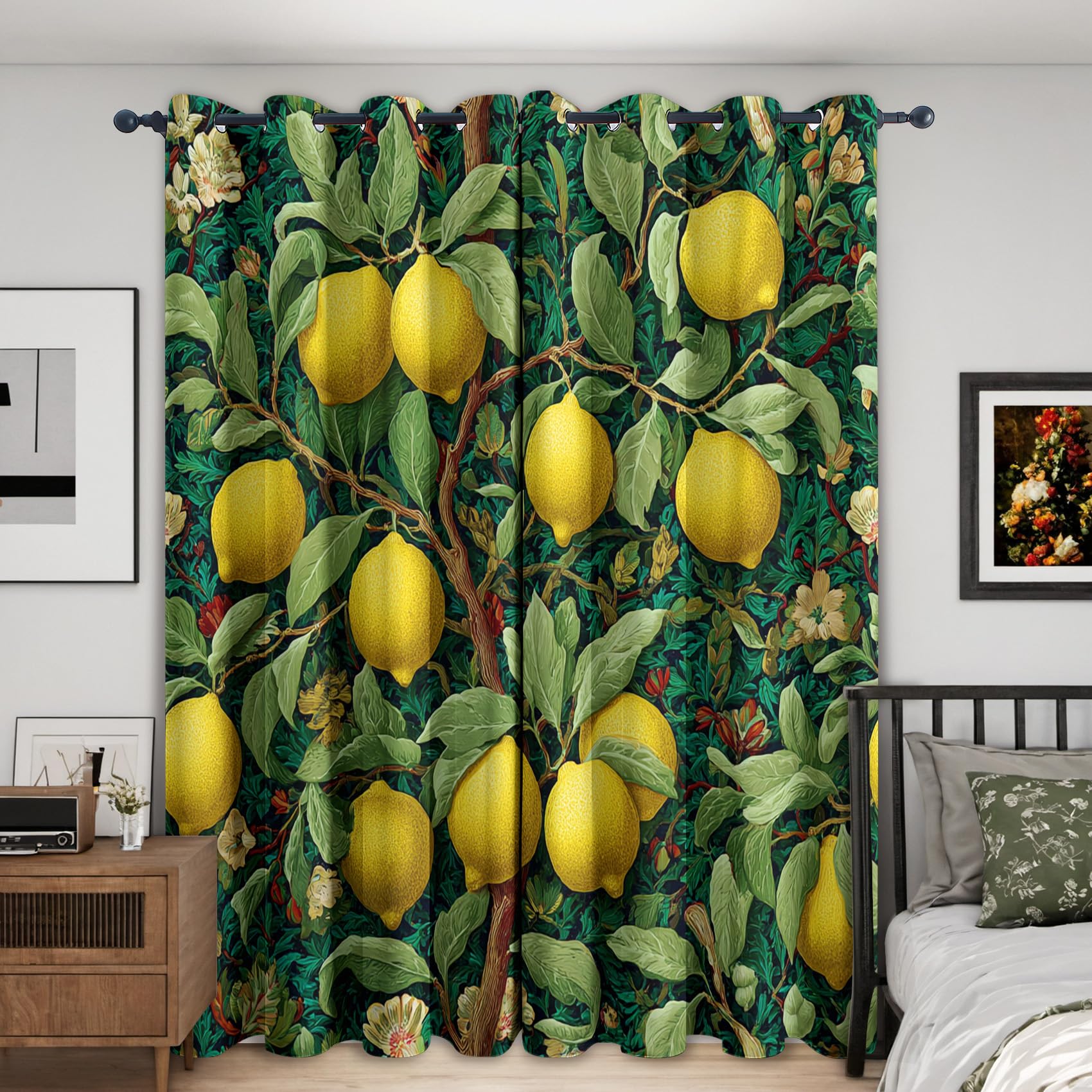 Rideau Citron Occultant Motif Vintage Fruit Arbre Rideaux Chambre Salon Cuisine 140 x 245 cm, Oeillets Rail Rideaux Occultants Thermique