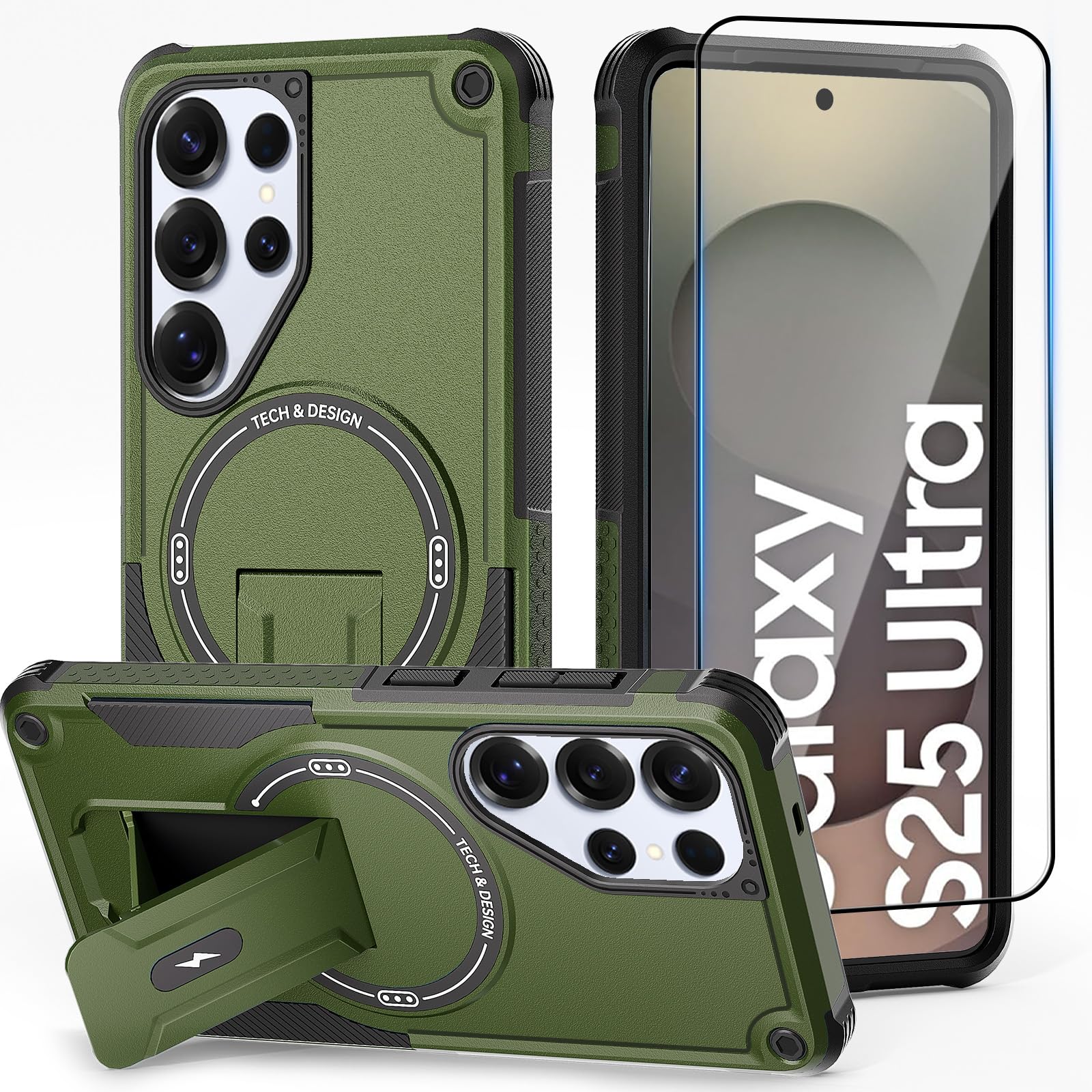 Leedia Magnetisch Hülle Kompatibel mit Samsung Galaxy S25 Ultra, Dual-Layer-Handyhülle mit Versteckter Ständer für Galaxy S25 Ultra, Stoßfest Schutzhülle mit 2 Schutzglas, Grün