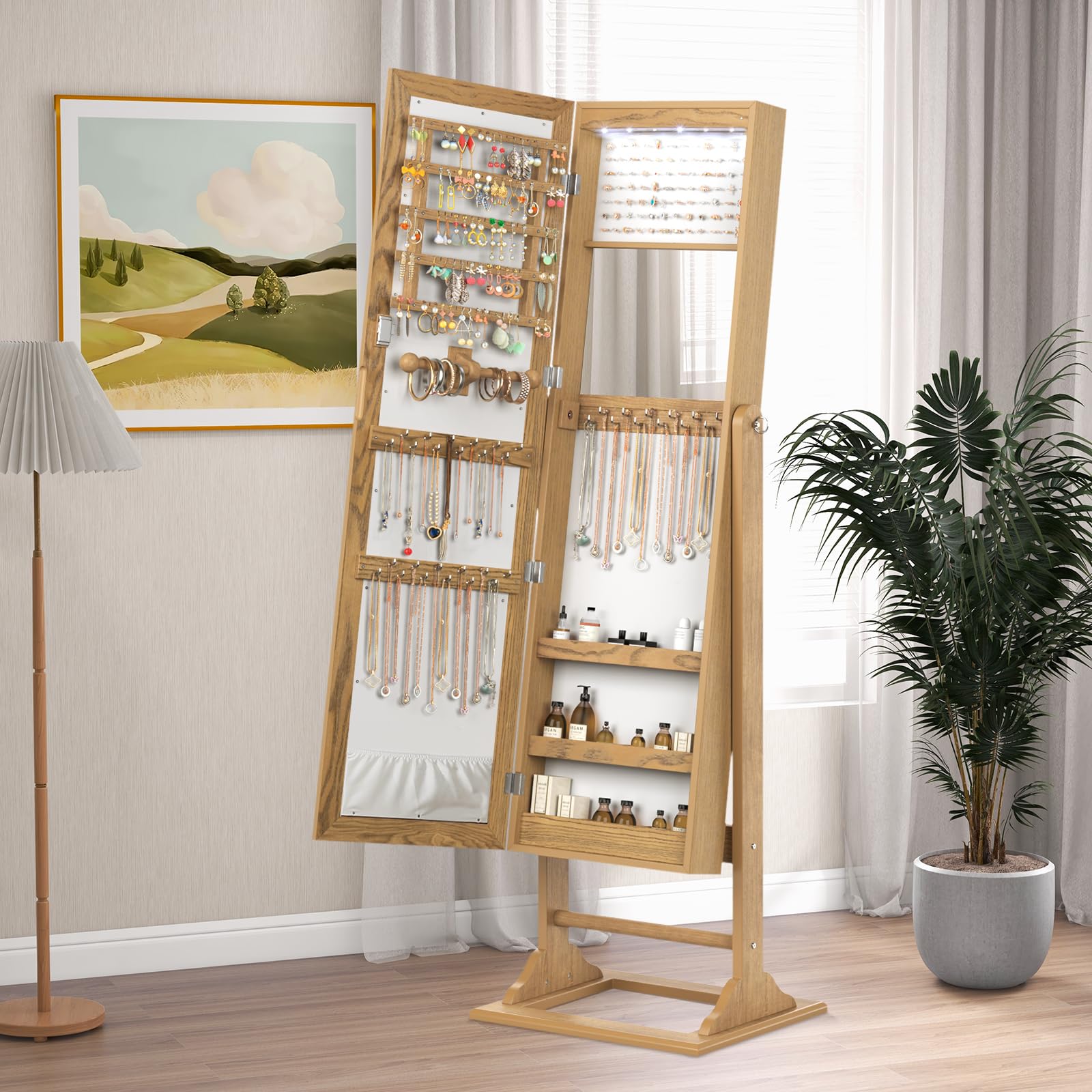 HAPPYGRILL Standing Jewelry Armoire, Large Capacity Jewelry Storage Organizer w/Full-Length Mirror & 6 LED Lights, Inner Makeup Mirror, 3 Tilting Angles, Lockable Jewelry Cabinet for Women(Natural)