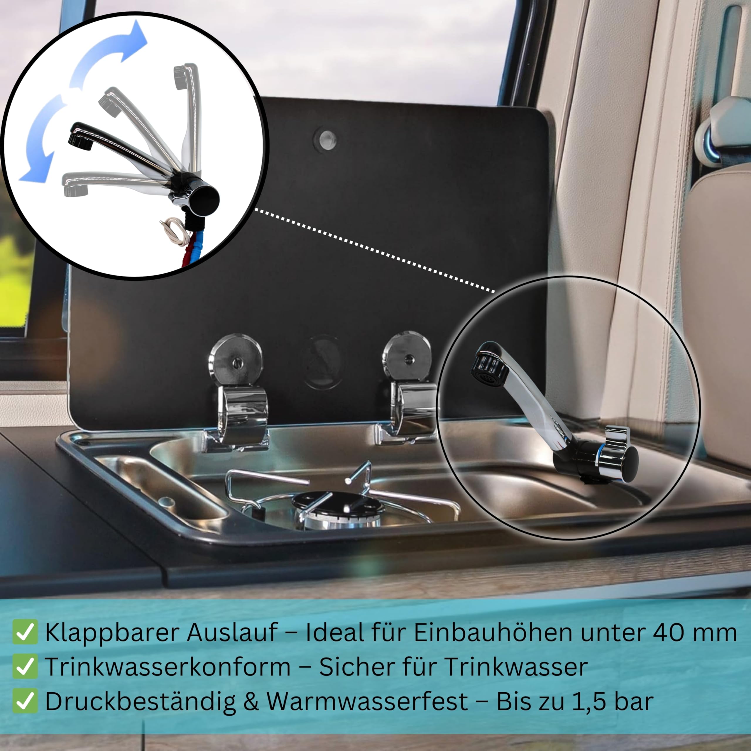 Comet Robinet de camping 12V London pour caravane - Avec 2 raccords (chaud et froid), noir/chrome, robinet compact avec pompe, idéal pour lavabo