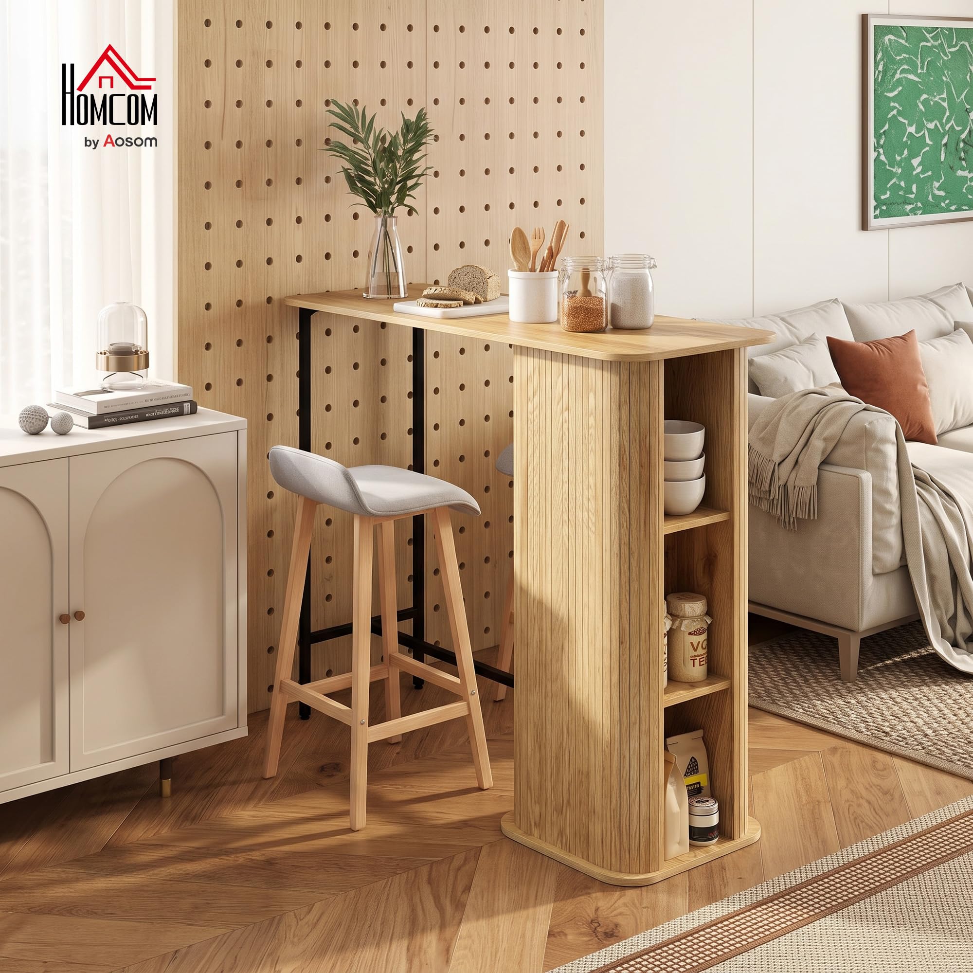 HOMCOM Table de Bar avec 3 étagères, Table Haute Mange Debout pour 2 Personnes, Style scandinave, Design à Lattes et Pieds en métal, pour Petits espaces, Cuisine, Salon, 112x50x106cm, Bois Naturel