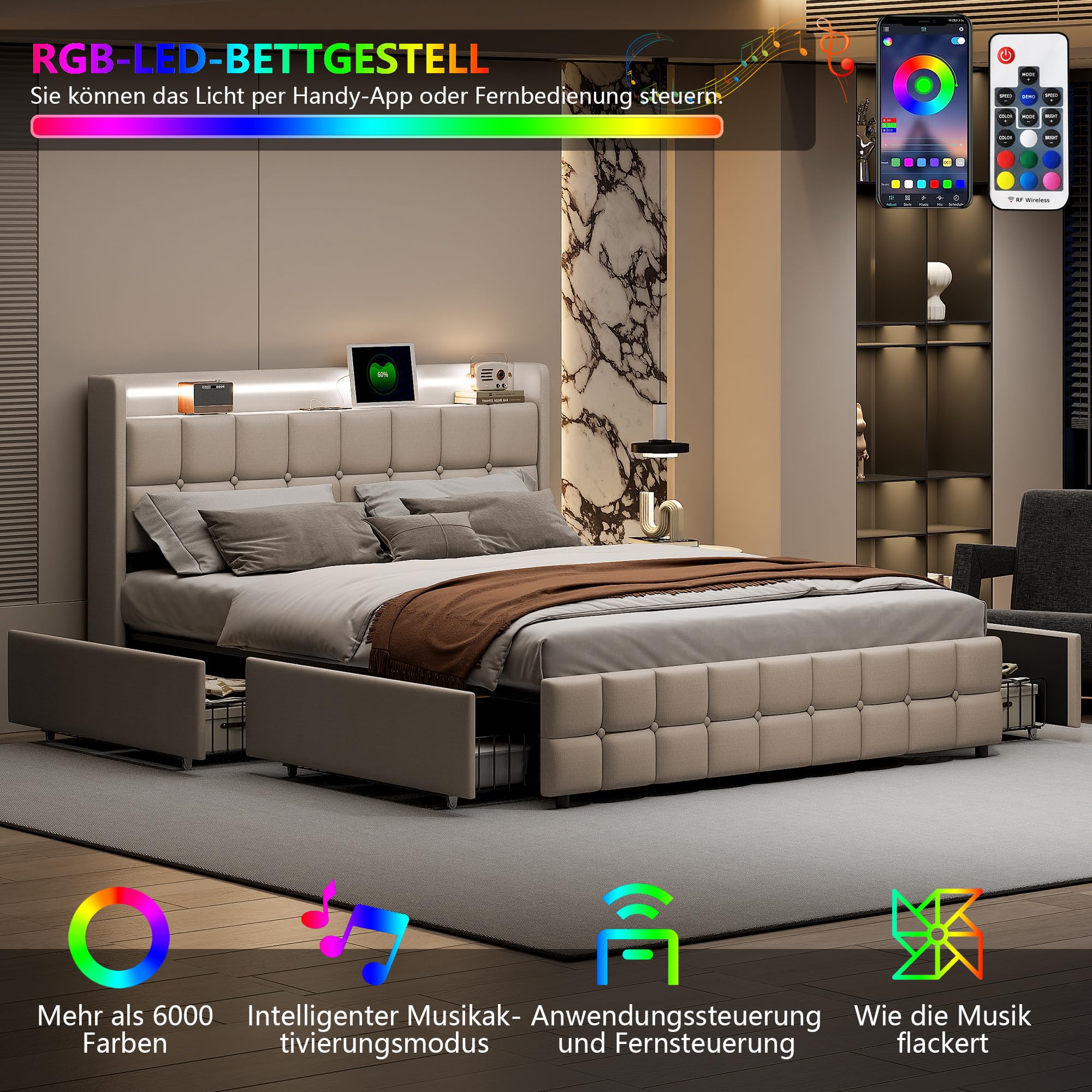 Polsterbett 180x200 mit LED, Doppelbett mit 4 Schubladen Stauraum und Kopfteil, Stauraumbett Jugendbett mit USB & Type-C, Bettgestell mit Lattenrost,Leinen in Beige, Ohne Matratze