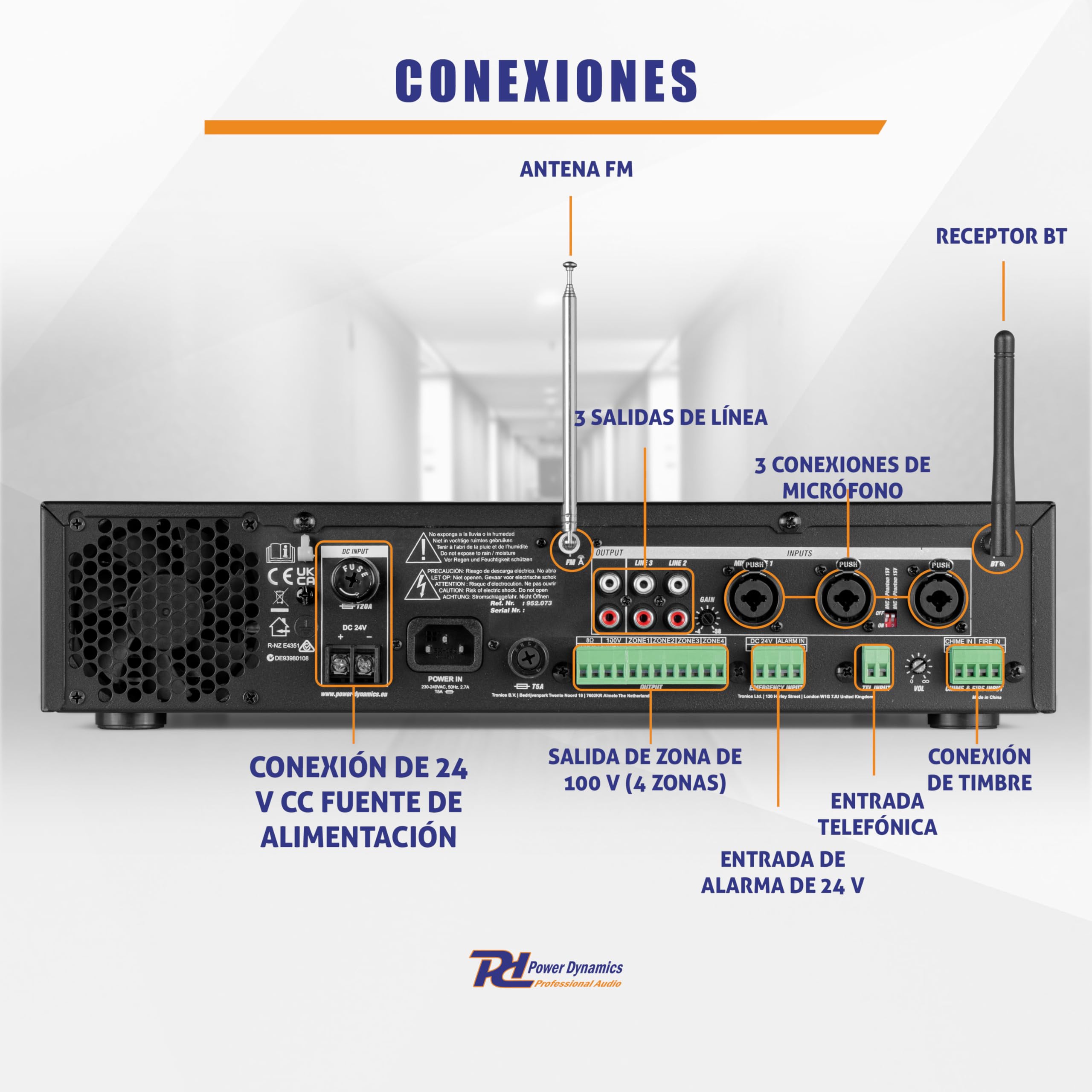Power Dynamics BHW50BK + PDV360MP3 – Pack de 12 Altavoces Pared 5.25” 100V IPX5 con Amplificador 360W 4 Zonas Bluetooth USB SD FM y Cable 100m Sistema megafonia Profesional, Color Negro