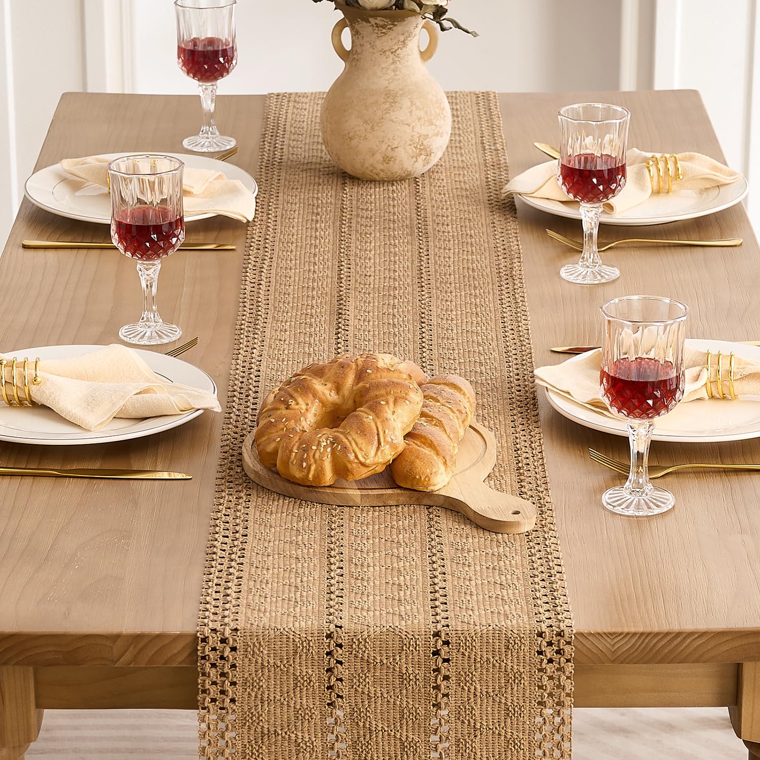 Runner Da Tavola Boho Marrone In Cotone E Lino - 30x183 Cm - Rustico Country Per Cucina E Matrimoni