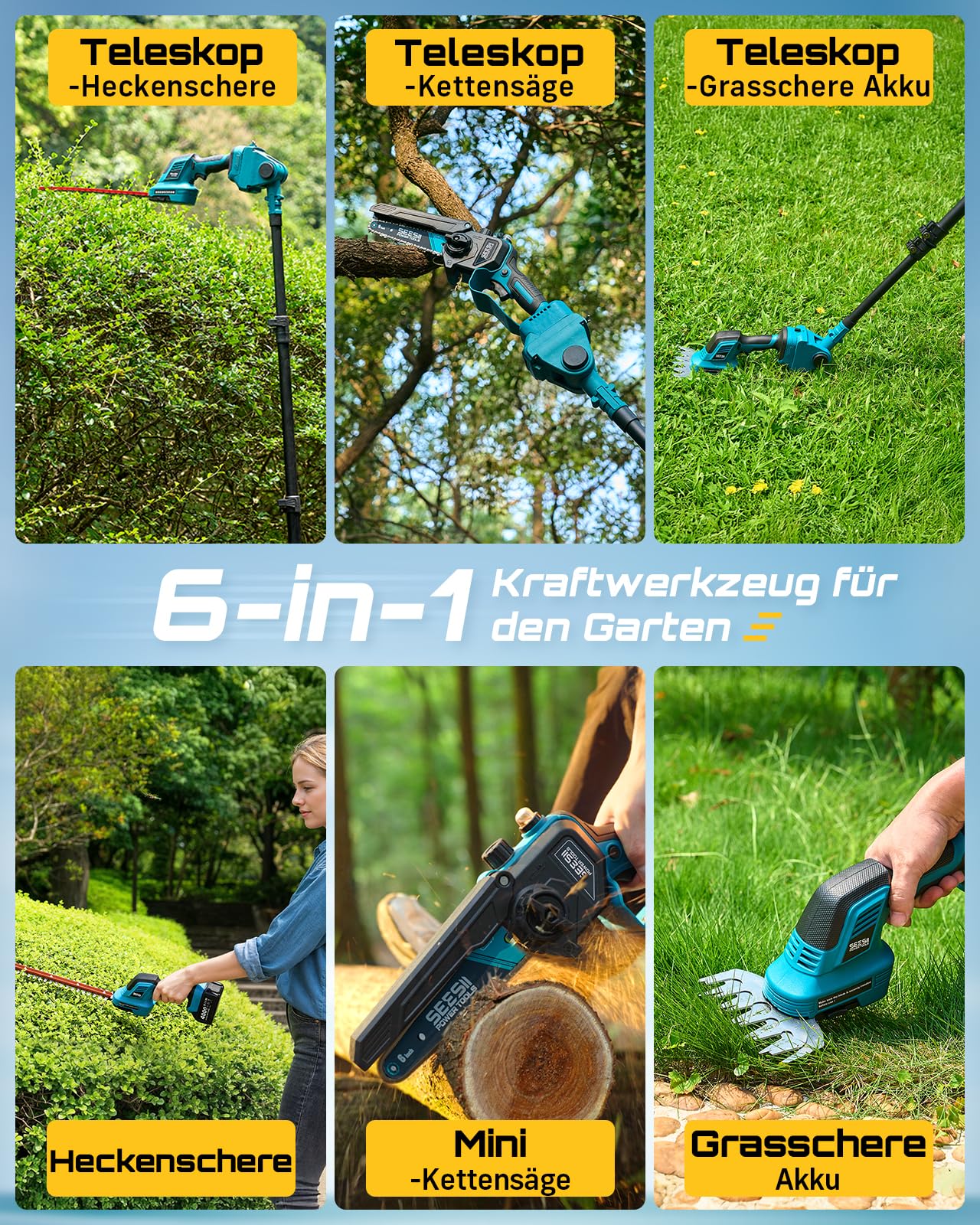 SEESII 6-in-1 Mini Kettensäge & Akku Heckenschere Set, Hochentaster mit 2 * 4000mAh Akkus, Maximale Reichweite bis zu 4,57m, Geeignet für Gartenpflege und zum Holzfällen