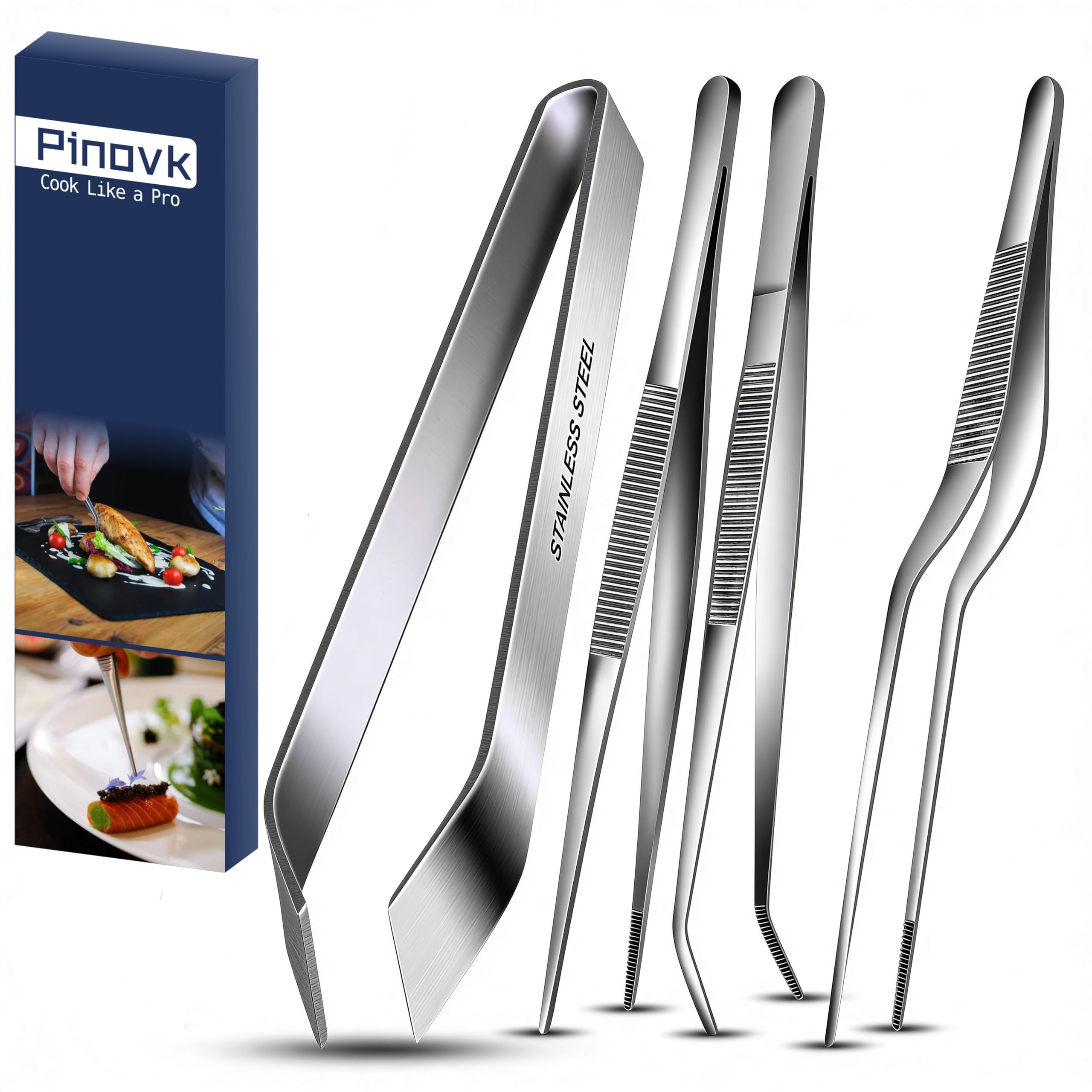 Cooking Tweezers Tongs, 4-Piece Set 6.3 inches Stainless Steel Tongs Tweezer with Chef Cooking Utensils/Precision Serrated Tips/Medical Beauty Utensils/Tool Sets