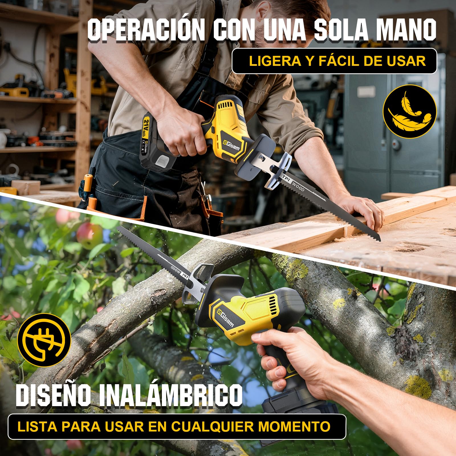 Gisam Sega a sciabola a batteria, 3500 SPM, silenzioso, motore brushless (con 1 batteria)