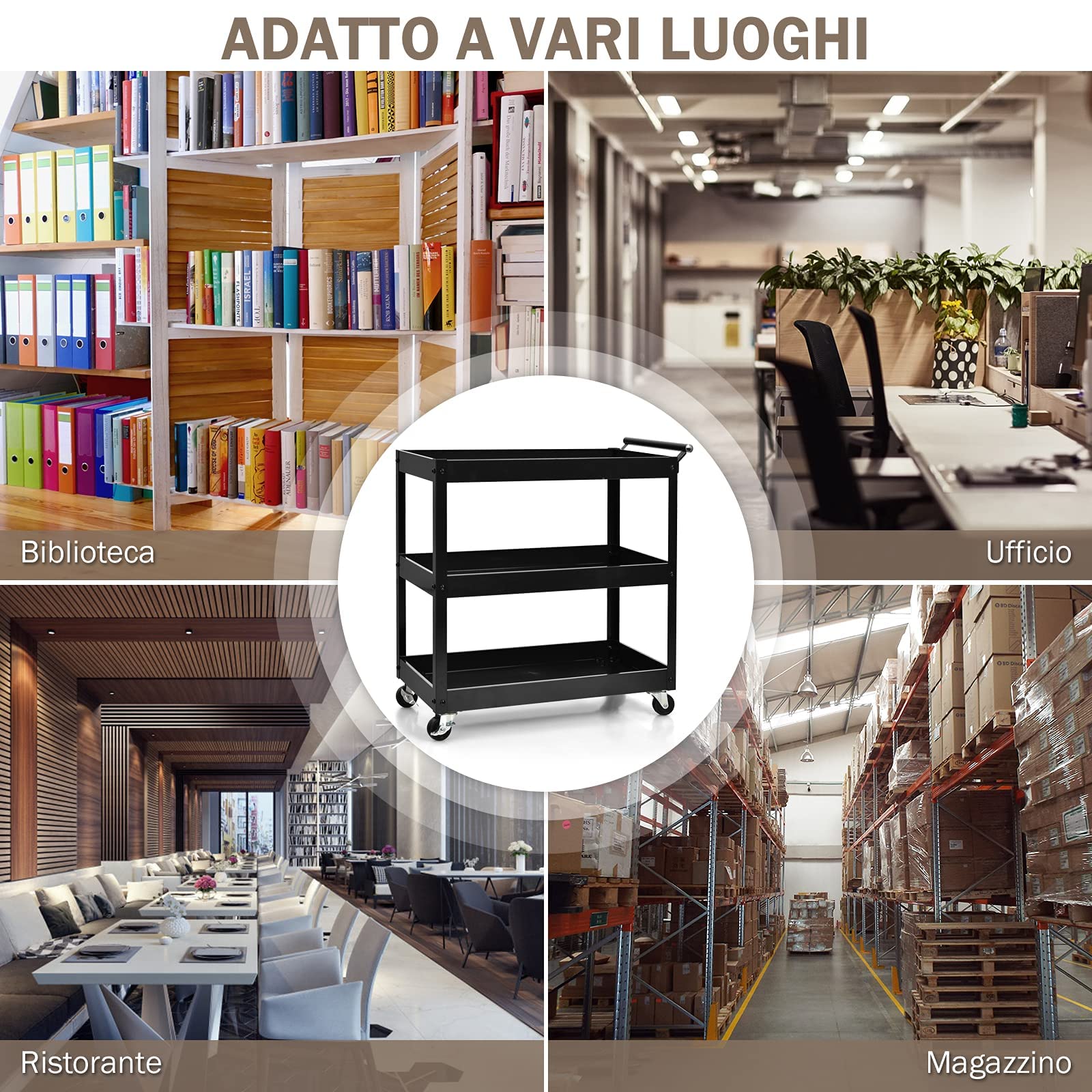 COSTWAY Carrello da Cucina con 3 Livelli, Carrellino Multifunzionale con Ruote Flessibili, Carrello di Servizio Resistente con Maniglia Comoda, Ideale per Ufficio Garage Magazzino Biblioteca (Nero)