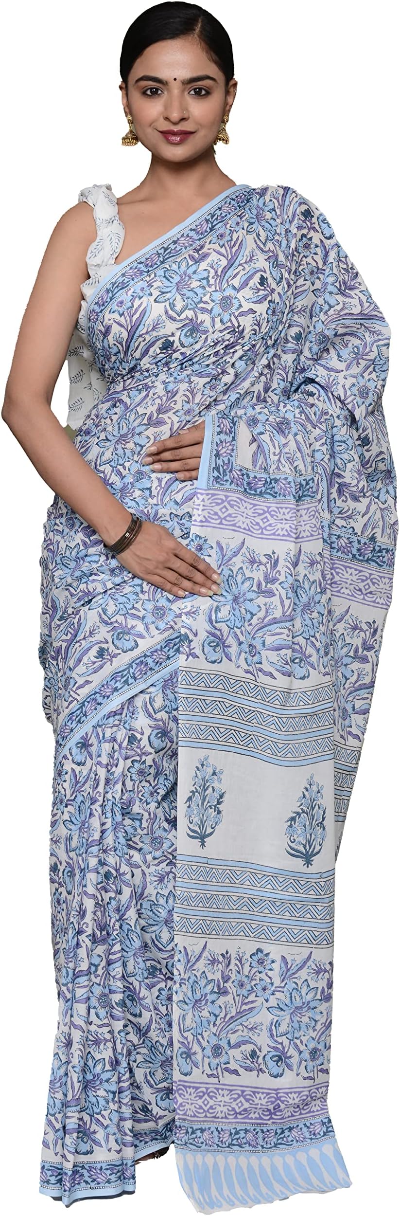 Shivanya Handicrafts Hand Block Printed Cotton Mulmul Sarees for Women Attached Blouse Piece | Bagru Print Ajrak Print Cotton Saree for Women 1415