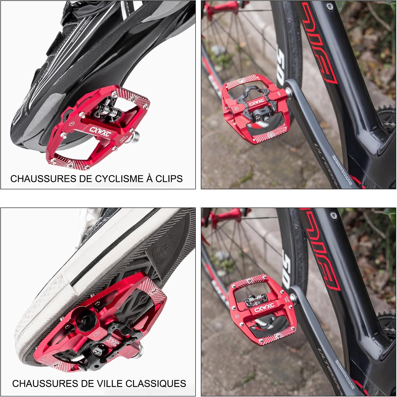 CXWXC Cliquez Pédales de vélo et Plates, avec 3 roulements étanches, en Alliage d'aluminium de 9/16 Pouces, antidérapantes, Plate-Forme Large, pédales à clic pour VTT ou vélo de Route