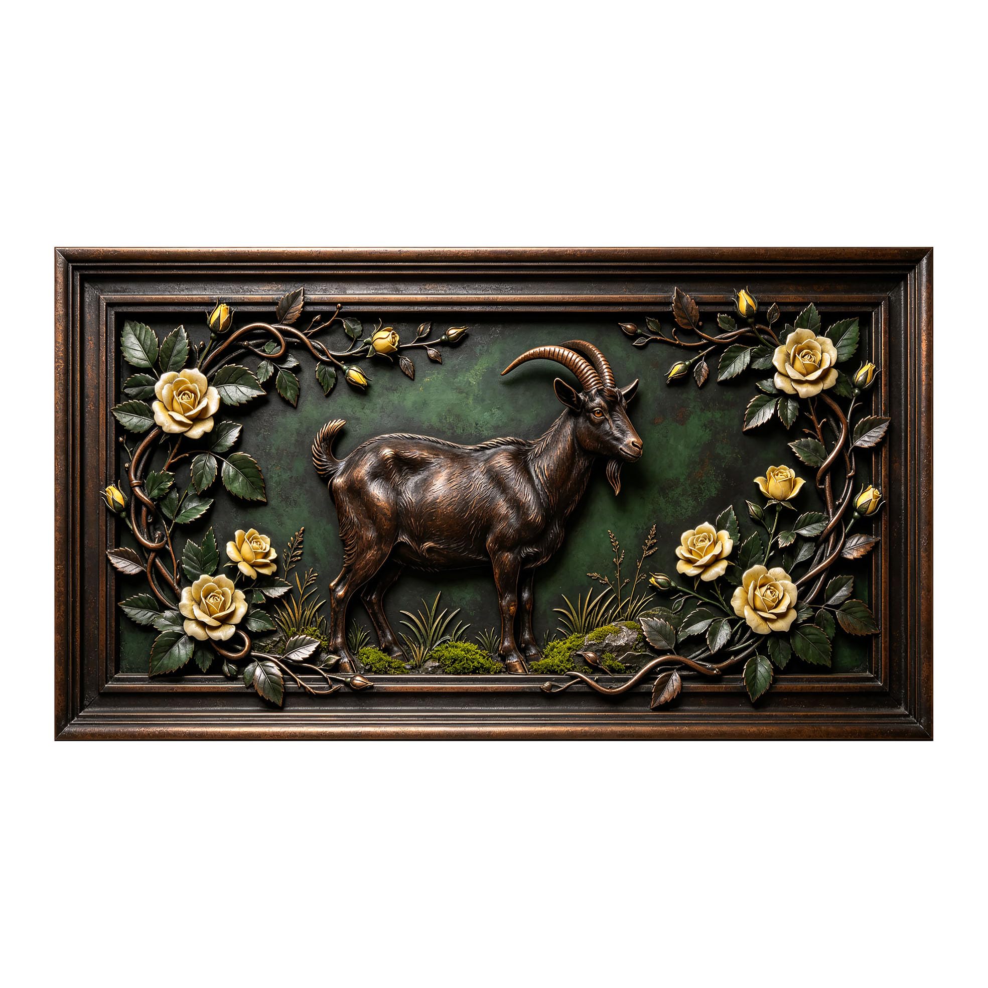 Yzpallescene 3D 3D Framed Wall Art 50cm×90cm Bronze Goat Floral Baroque Relief Effect Large Size SelfAdhesive Removable Wall Decor Prints Artwork for Living Room Bedroom Office
