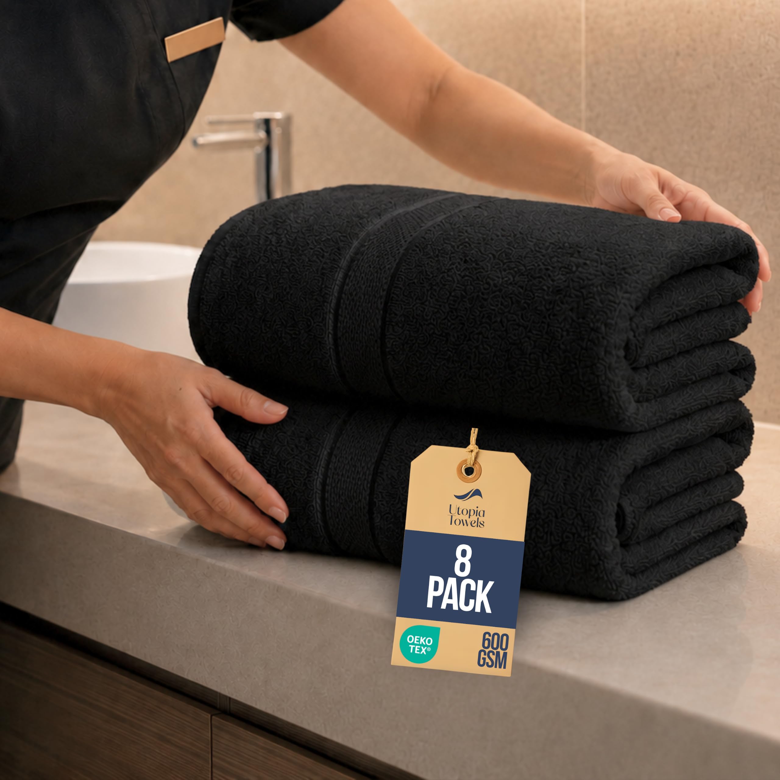 Bulk 8-Pack Commercial Jumbo Bath Towel Sets, 35" x 70", 600 GSM, Black