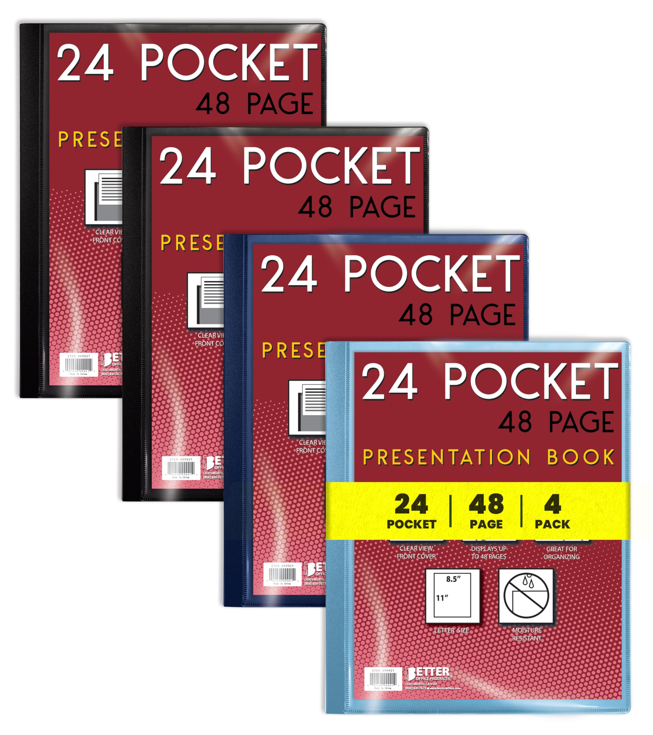 Better Office Products 24 Pocket Bound Presentation Book, 4 Pack, Assorted Colors, Clear View Front Cover, 48 Sheet Protector Pages, 8.5" x 11" Sheets, Art Portfolio, Durable Poly Covers