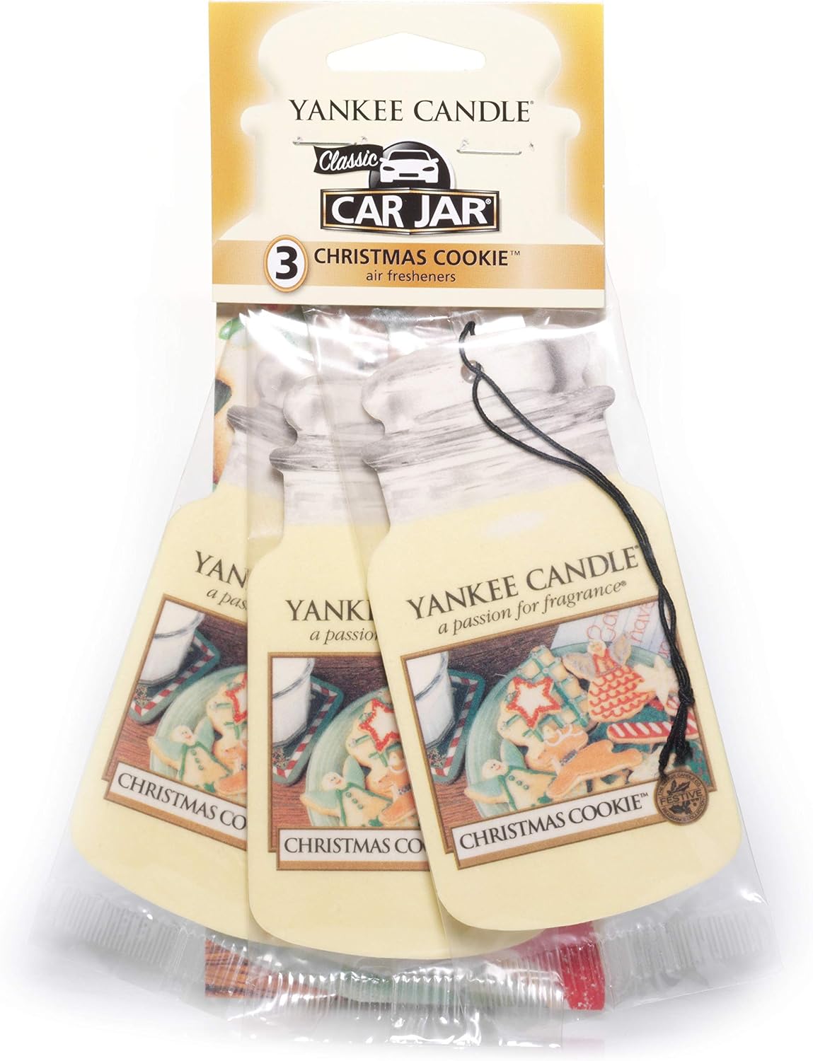Yankee Candle Classic Paper Car Jar Air Freshener, Hanging Car Freshener, Long Lasting Odor Neutralizing Car Fragrance, Christmas Cookie (Pack of 3)