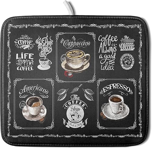 Giwawa Tapete de secado de platos de café, vintage, antifatiga, taza de expreso, máquina de frijoles negros, tapete escurridor de platos, protector